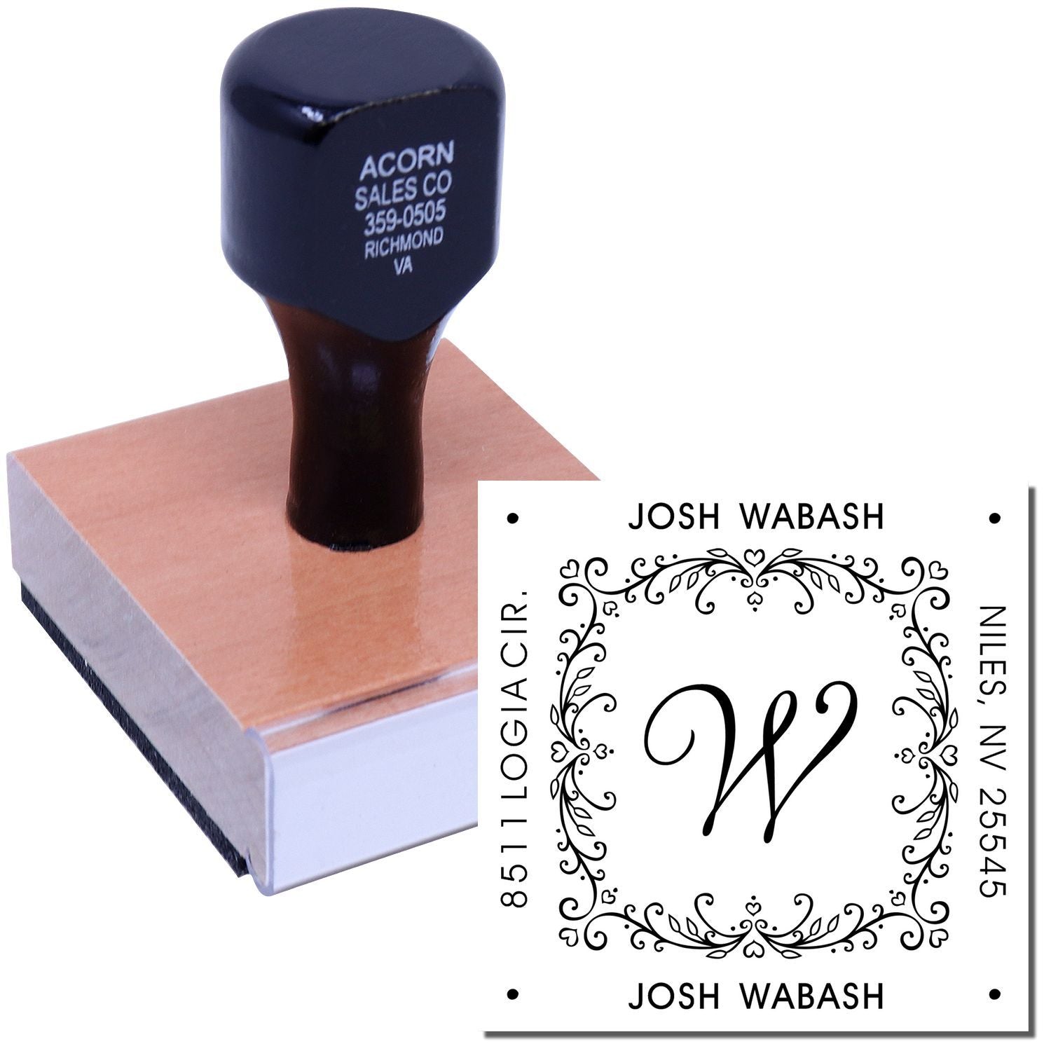 Custom wood handle rubber stamp with personalized monogram and address design for weddings, invitations, and branding.