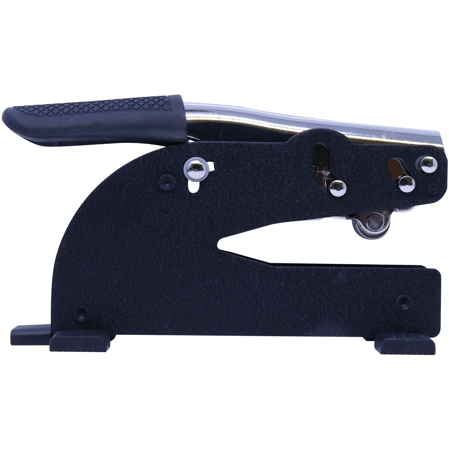 Black heavy-duty single hole punch with ergonomic handle and metal paper punch mechanism on white background