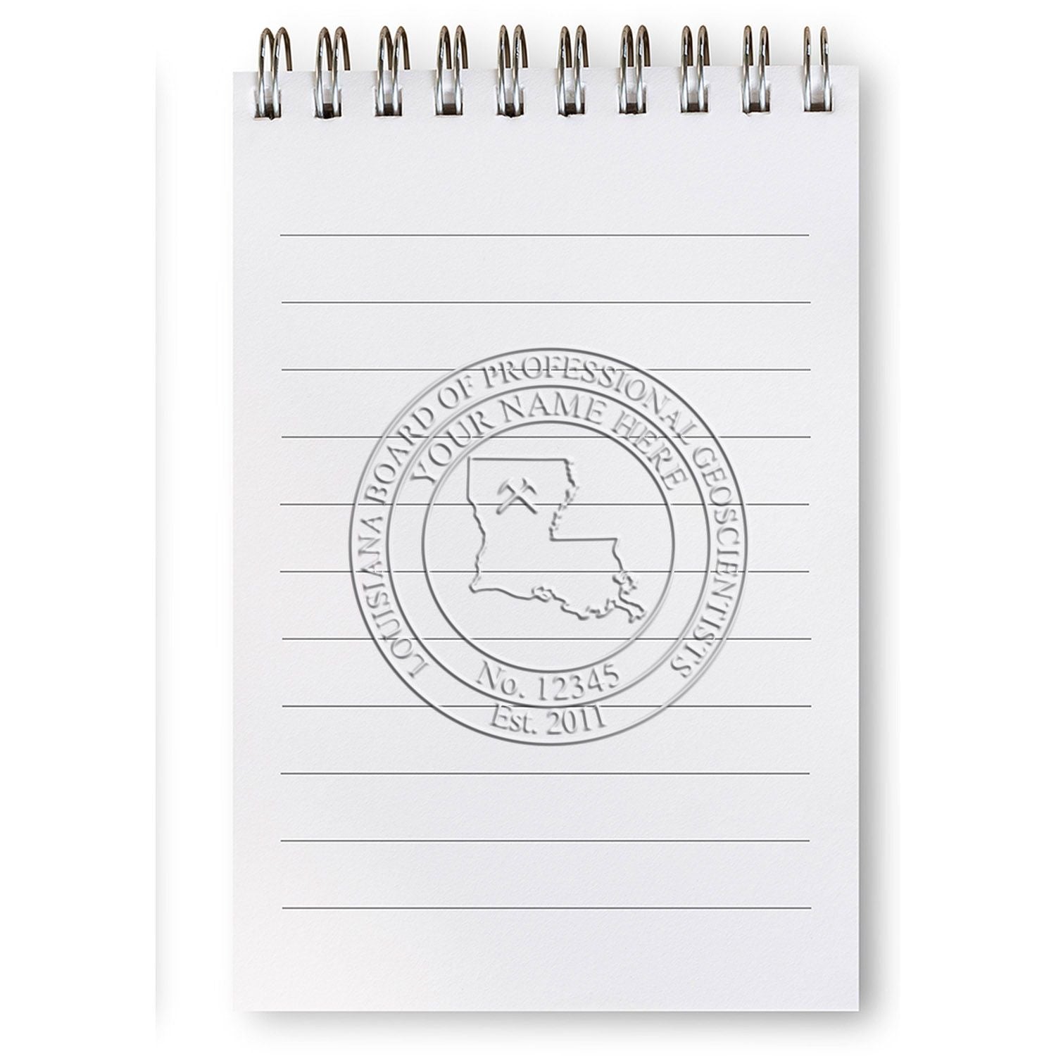 Spiral notebook with blank lined pages and embossed Louisiana Board of Professional Geoscientists seal logo.