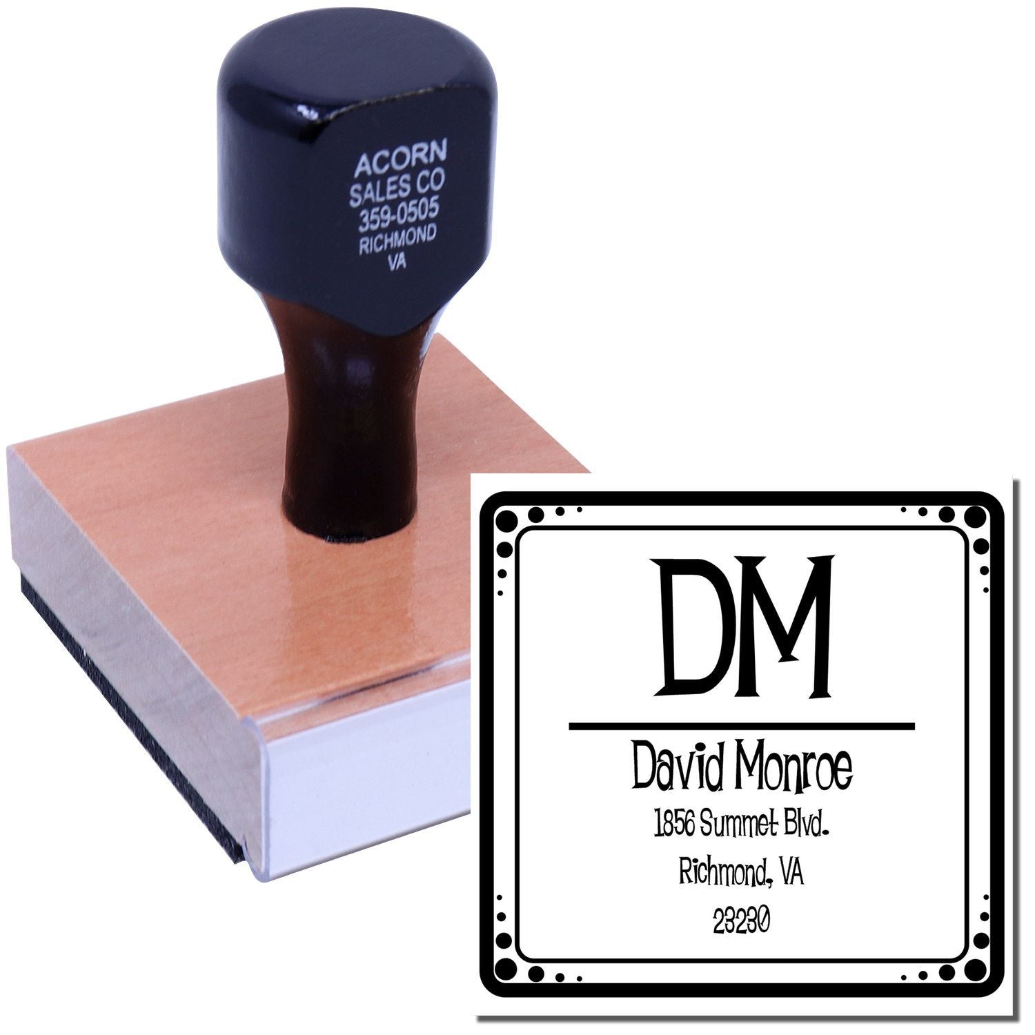 Custom return address rubber stamp for David Monroe, Richmond VA, with wooden handle and personalized monogram design.