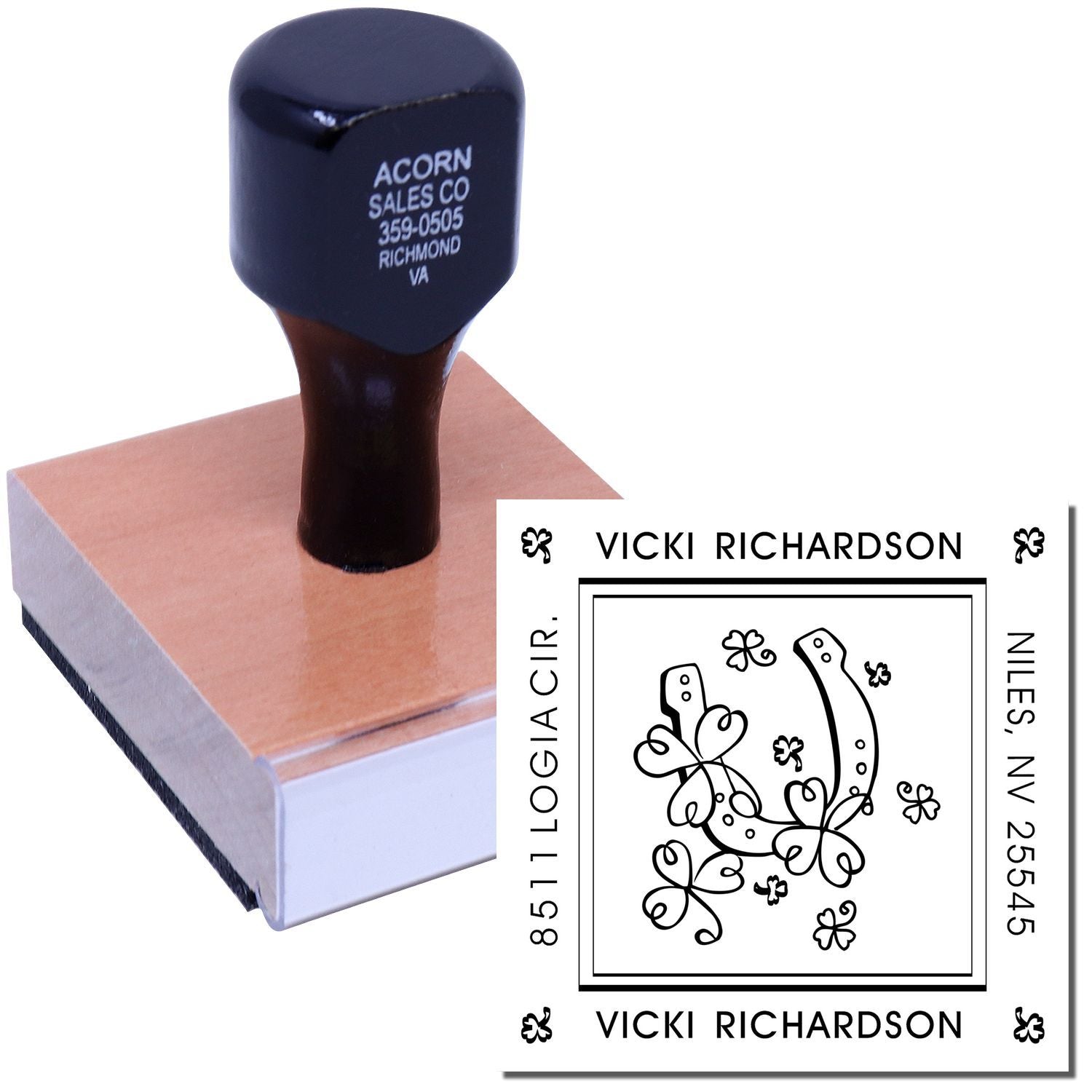 Personalized rubber address stamp with floral monogram design for Vicki Richardson.