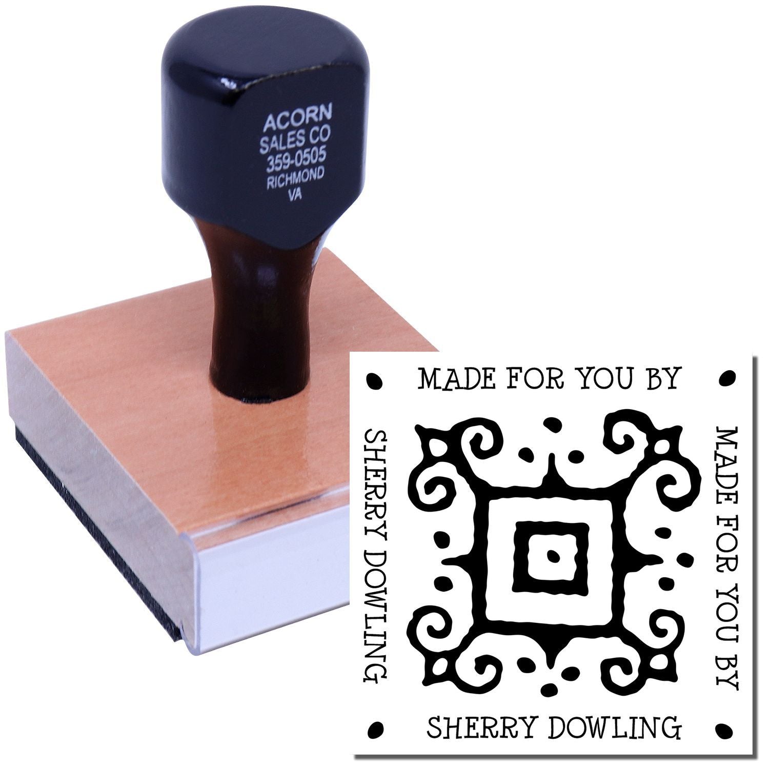 Custom rubber stamp with wooden handle and sample imprint, featuring personalized Made for You by Sherry Dowling artwork.