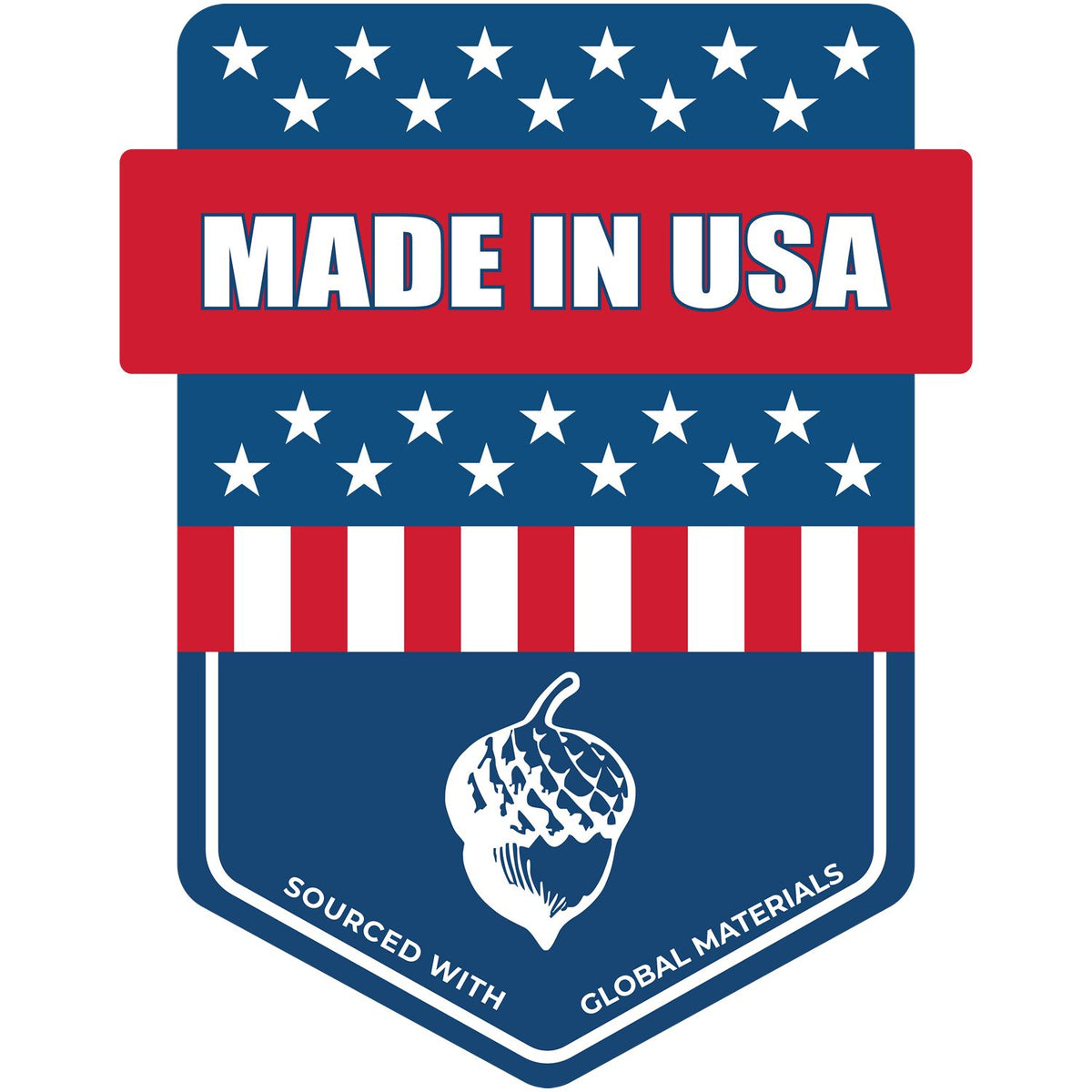 Made in USA rubber stamp design with patriotic stars, red banner, and acorn emblem, marked sourced with global materials.