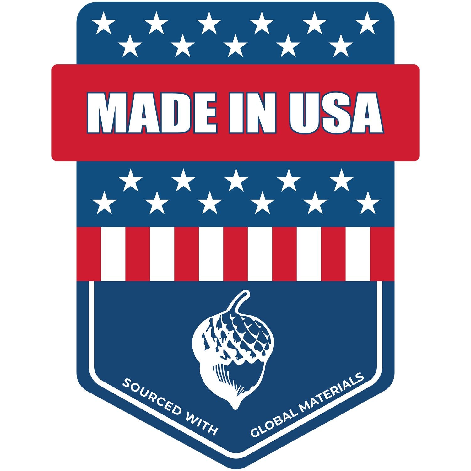 Made in USA patriotic badge graphic with stars and stripes, acorn icon, and “sourced with global materials” text.