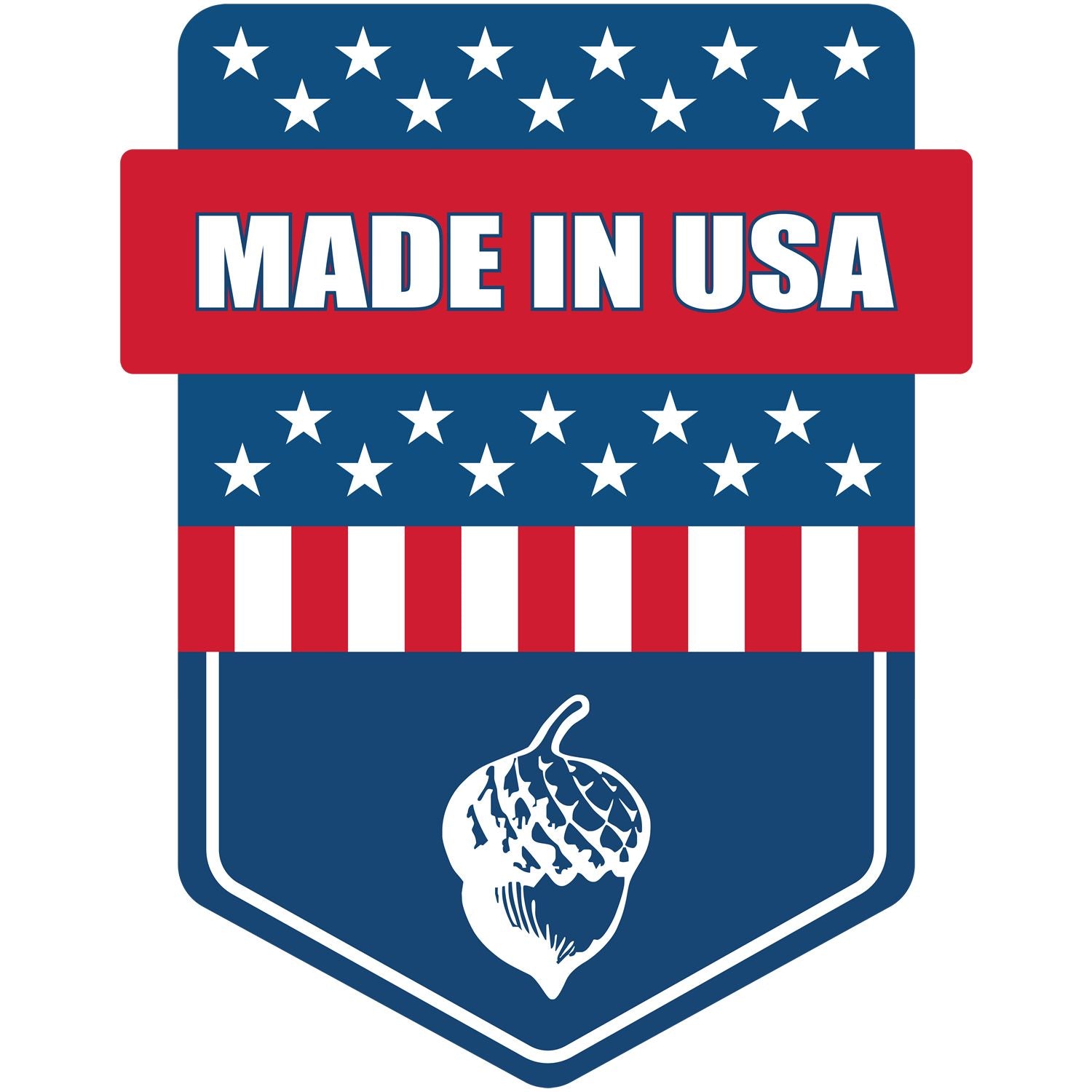 Made in USA patriotic badge with stars, red white and blue stripes, and acorn icon on a shield design.