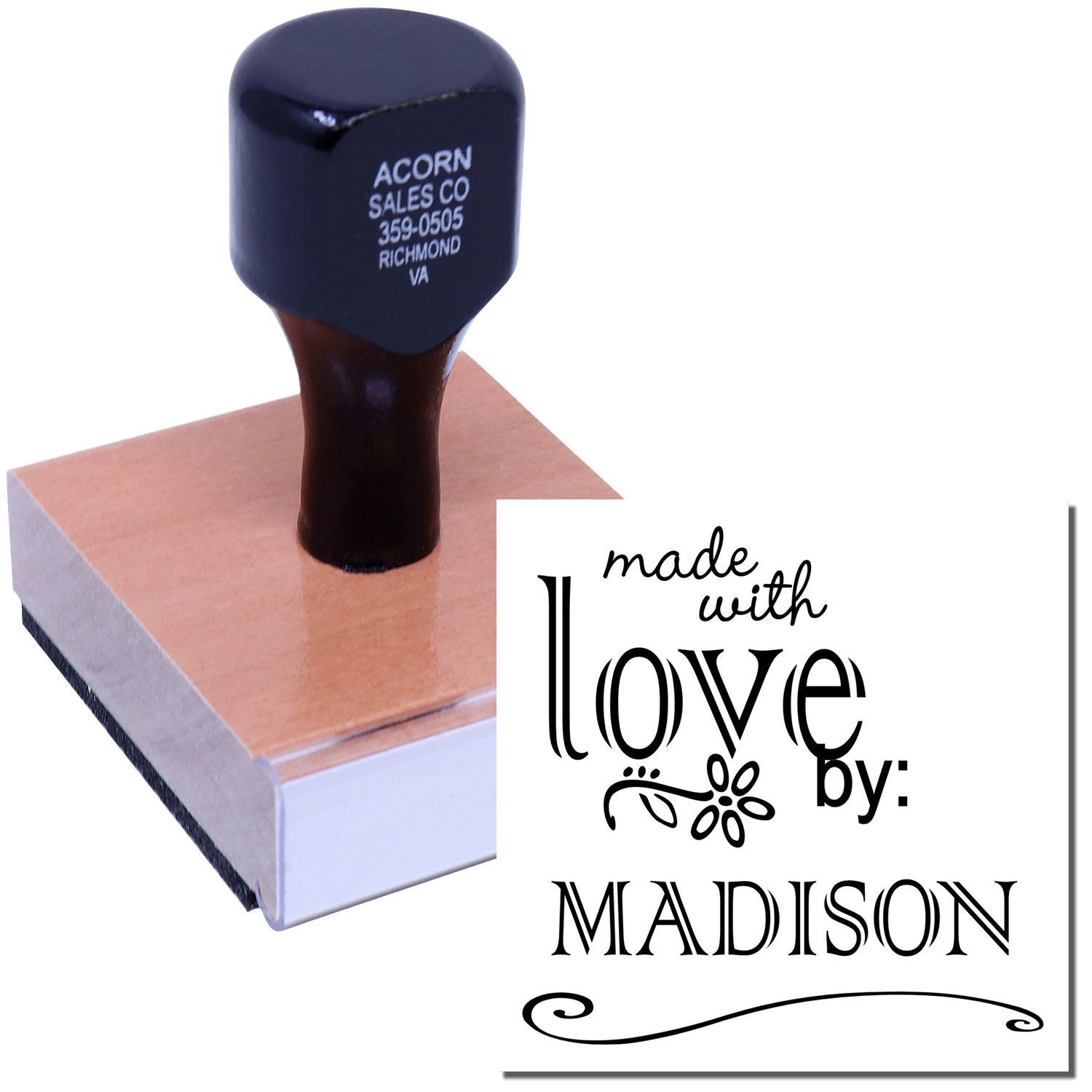 Custom wood-handled rubber stamp for handmade products, featuring made with love by Madison branding.