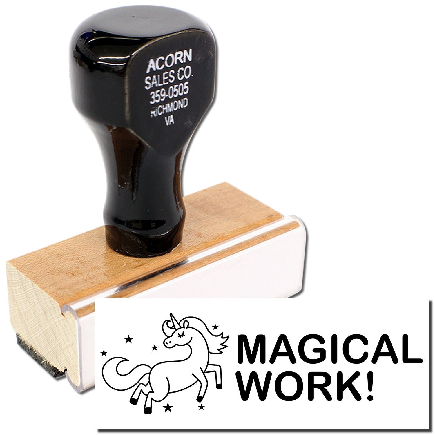 Acorn Sales Co. rubber stamp with phone imprint on wooden base, used for custom stamping, office supplies, and 'Magical Work' packaging.