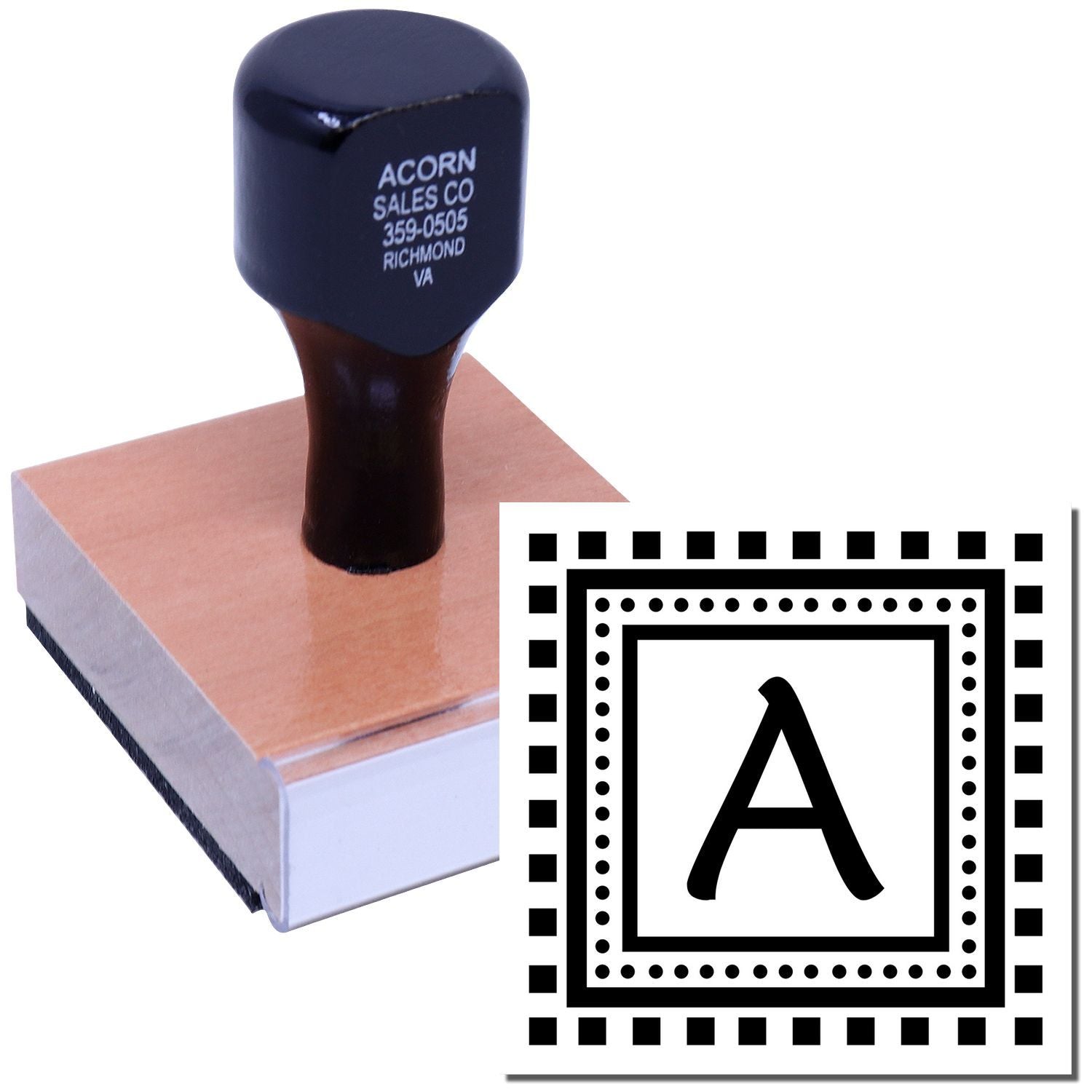Custom self-inking rubber stamp with letter A design, ideal for business branding and office marking.