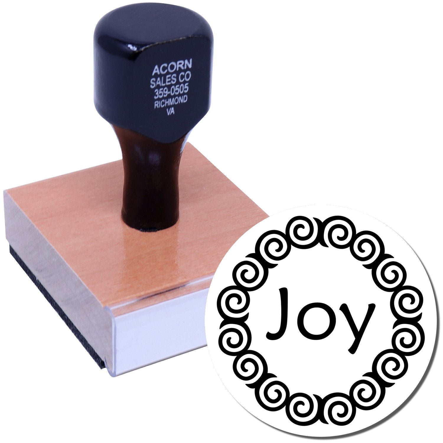 Custom rubber stamp with wood handle, showing a decorative Joy imprint for cards, crafts, and packaging.