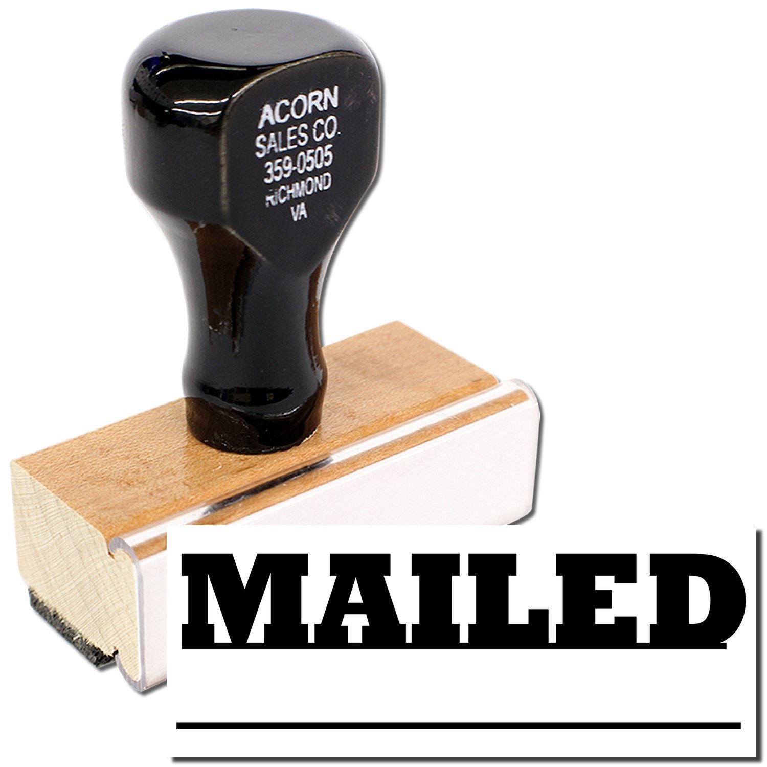 Black rubber product component on wooden block, stamped Acorn Sales Co. with 359-0505 Richmond VA contact details