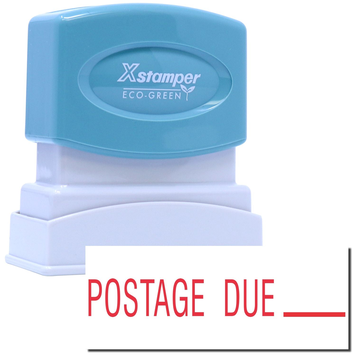 Xstamper Eco-Green self-inking stamp labeled POSTAGE DUE, for marking envelopes and packages with due postage.