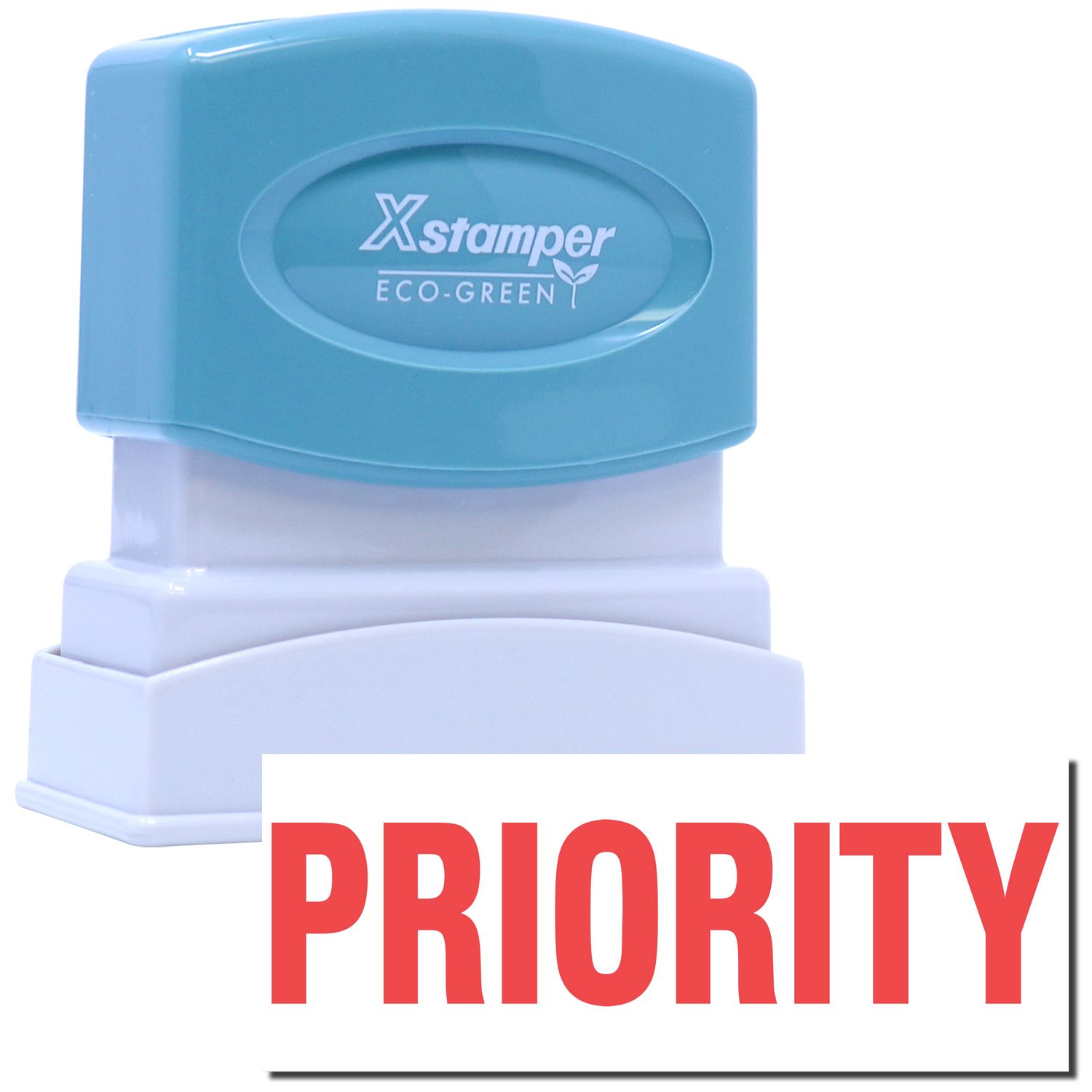 Xstamper Eco-Green ink stamp labeled Priority for fast postal and document marking