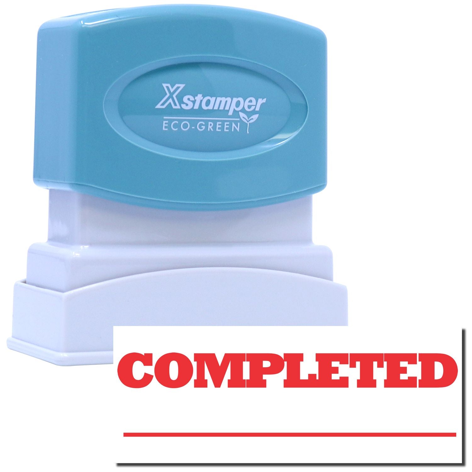 Xstamper Eco-Green stamp pad labeled for eco-friendly office stamping and completion marking; blue and white stamp design
