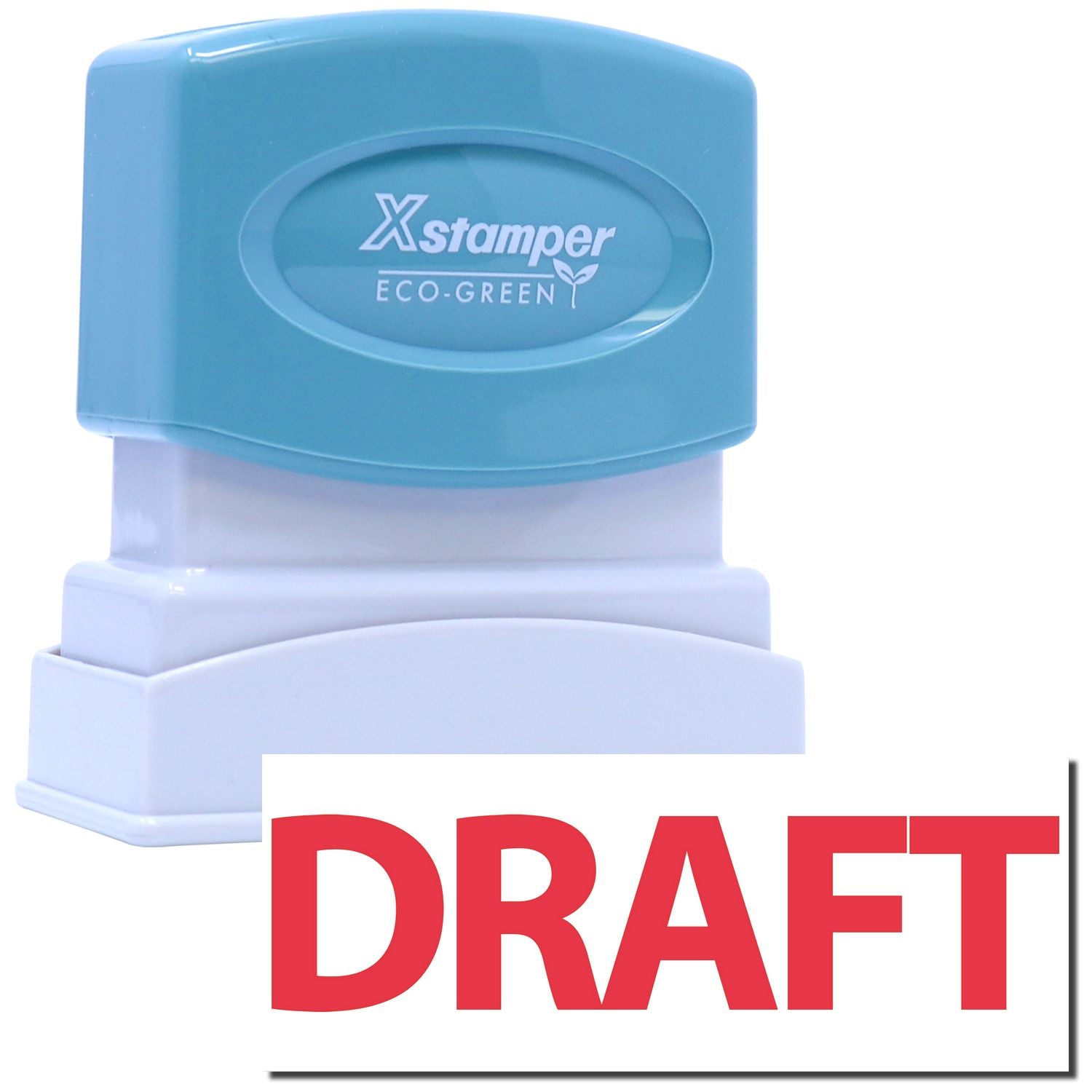 Xstamper Eco-Green self-inking DRAFT stamp with blue top and white base, eco-friendly office marking tool