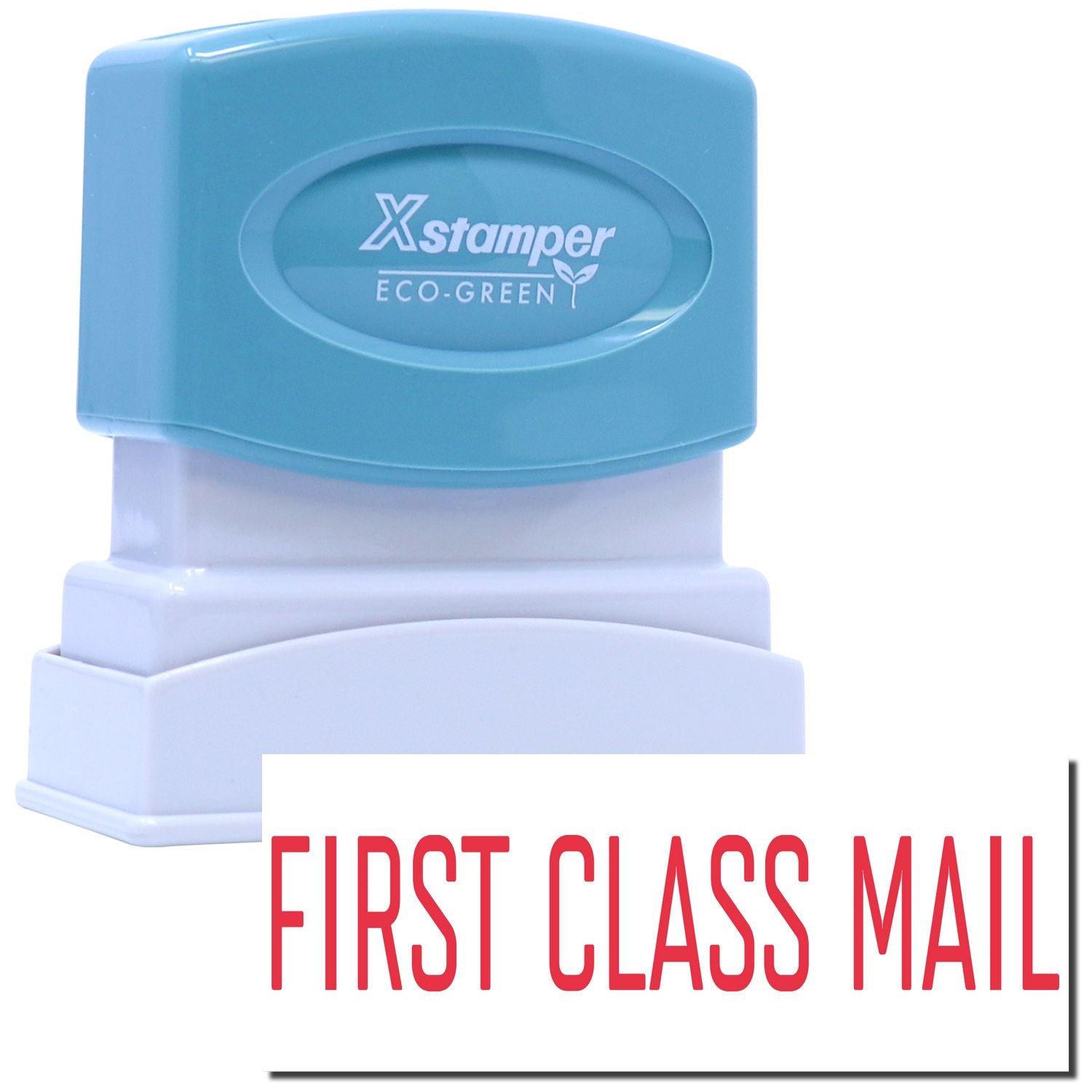 Xstamper Eco-Green First Class Mail self-inking stamp for quick postal marking and mailing label application.