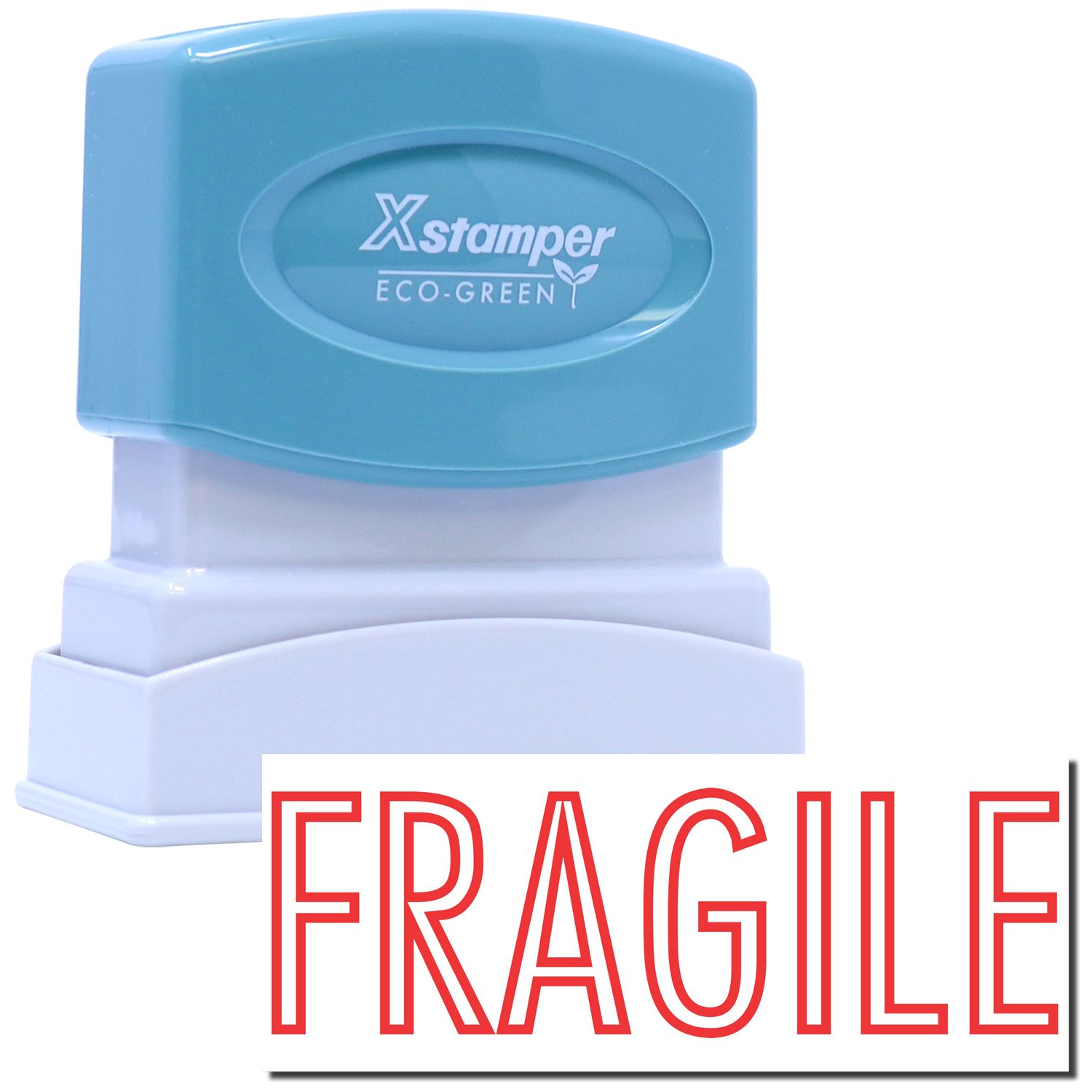 Xstamper Eco-Green stamp labeled FRAGILE, eco-friendly rubber stamp for warehouses and mailing package handling marking.