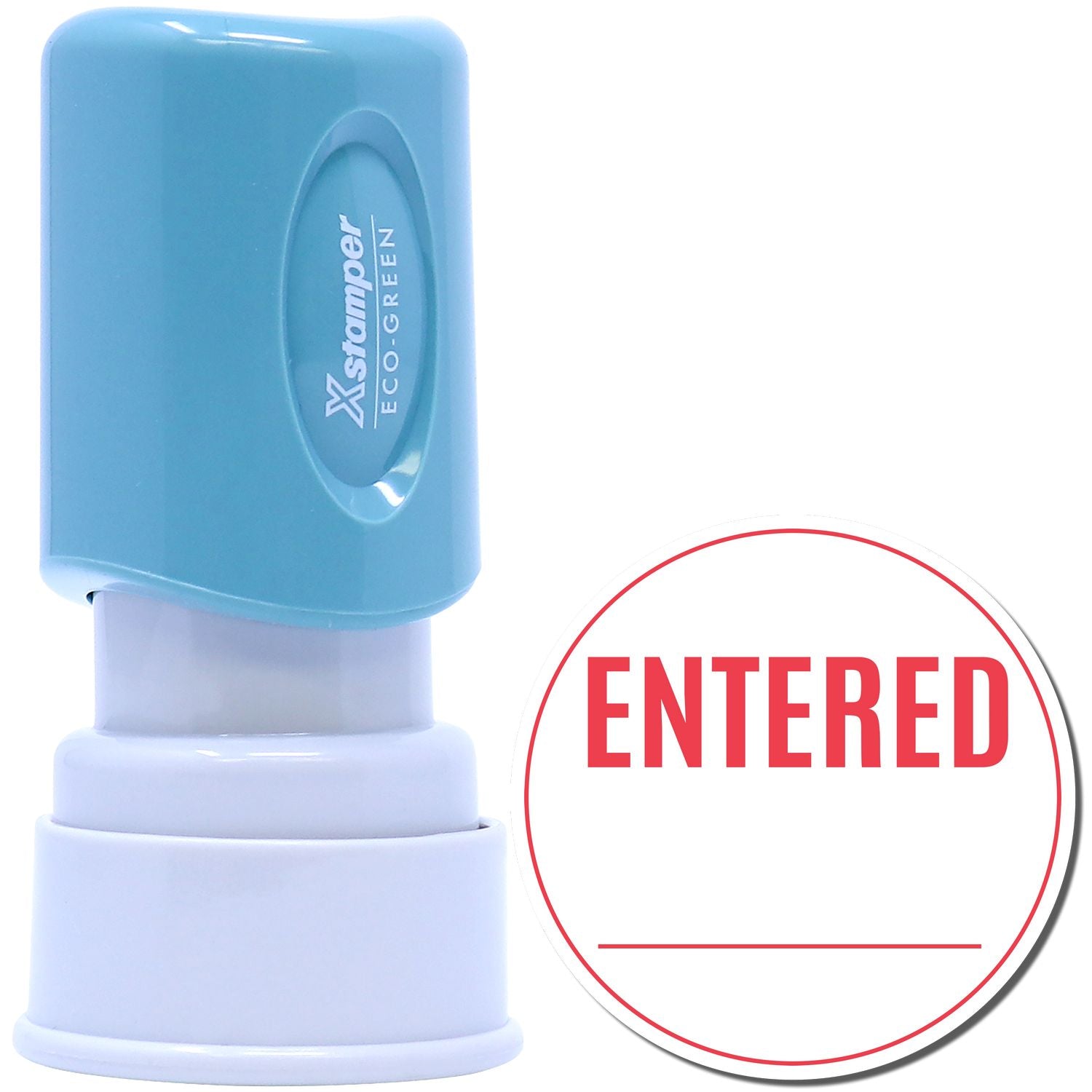 Xstamper Eco-Green stamp with ENTERED marking for office document processing and record handling.