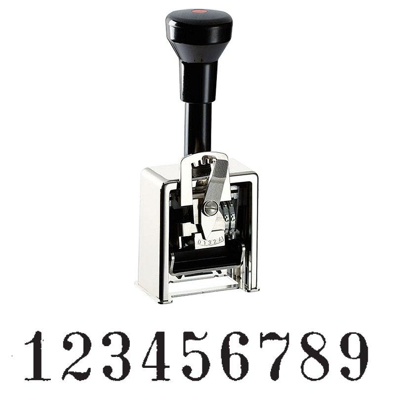 The image shows a 9-wheel manual numbering machine with "123456789" showing.