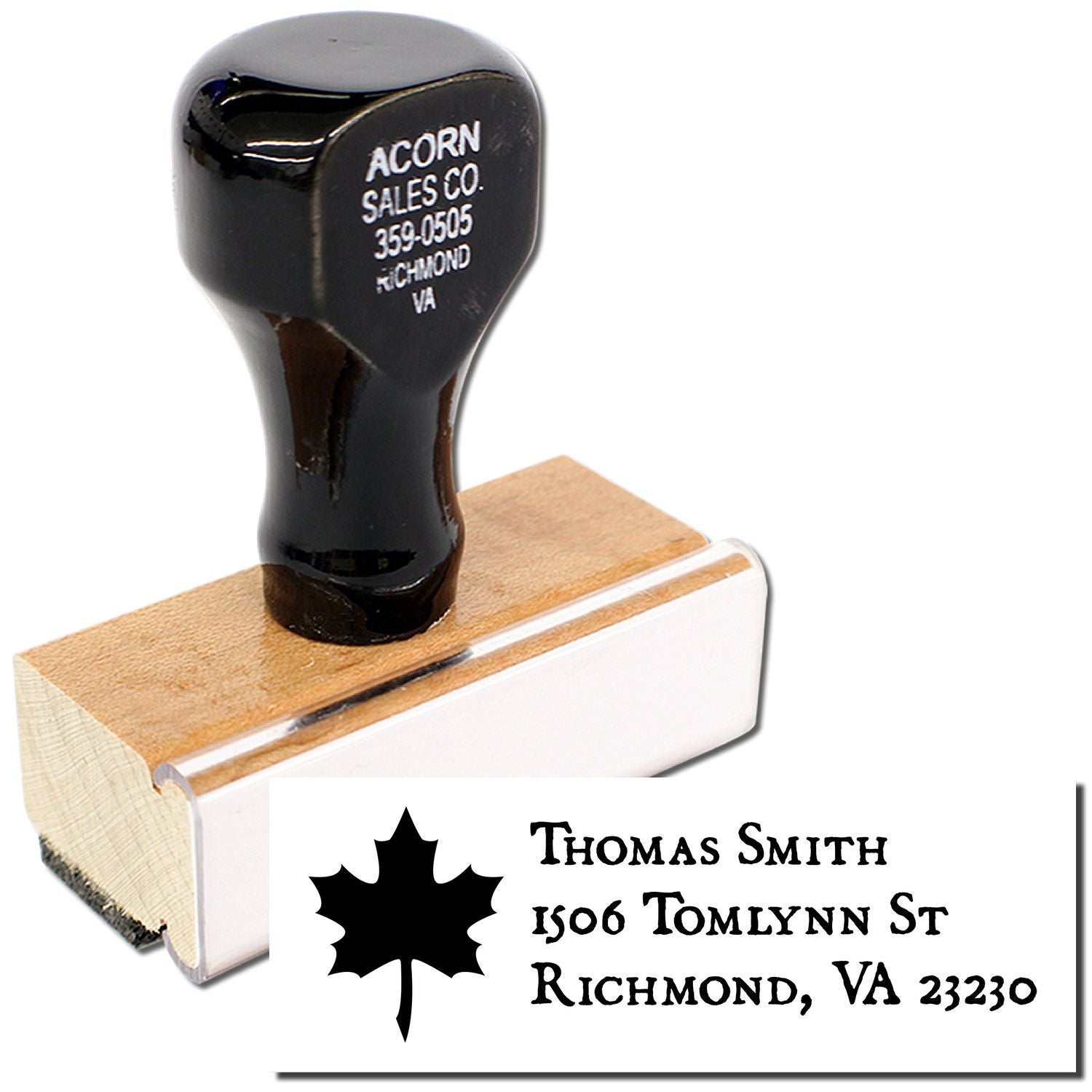 Custom return address rubber stamp with wood handle, featuring maple leaf design and Thomas Smith Richmond VA address impression