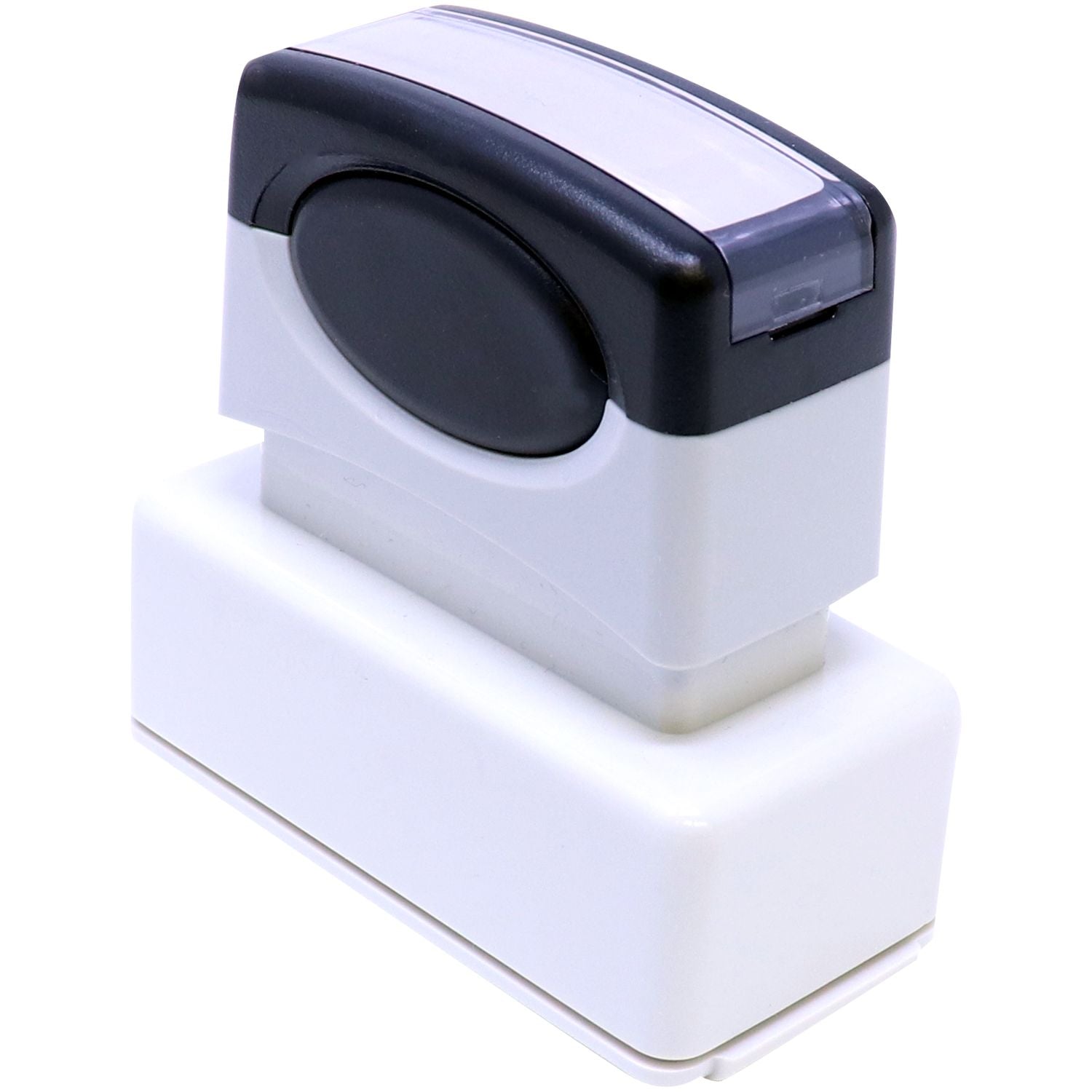 Black and white self-inking rubber stamp on a white background