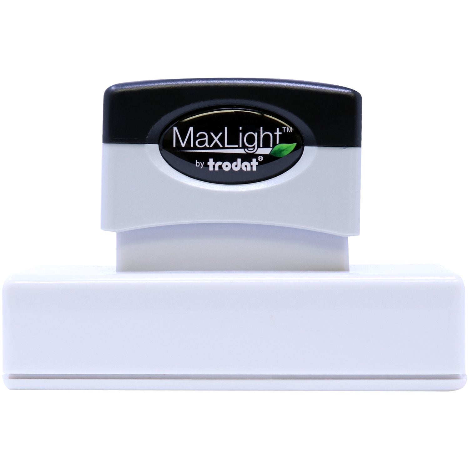 MaxLight by Trodat stamp for crisp professional impressions, close-up of logo on white stamp base.
