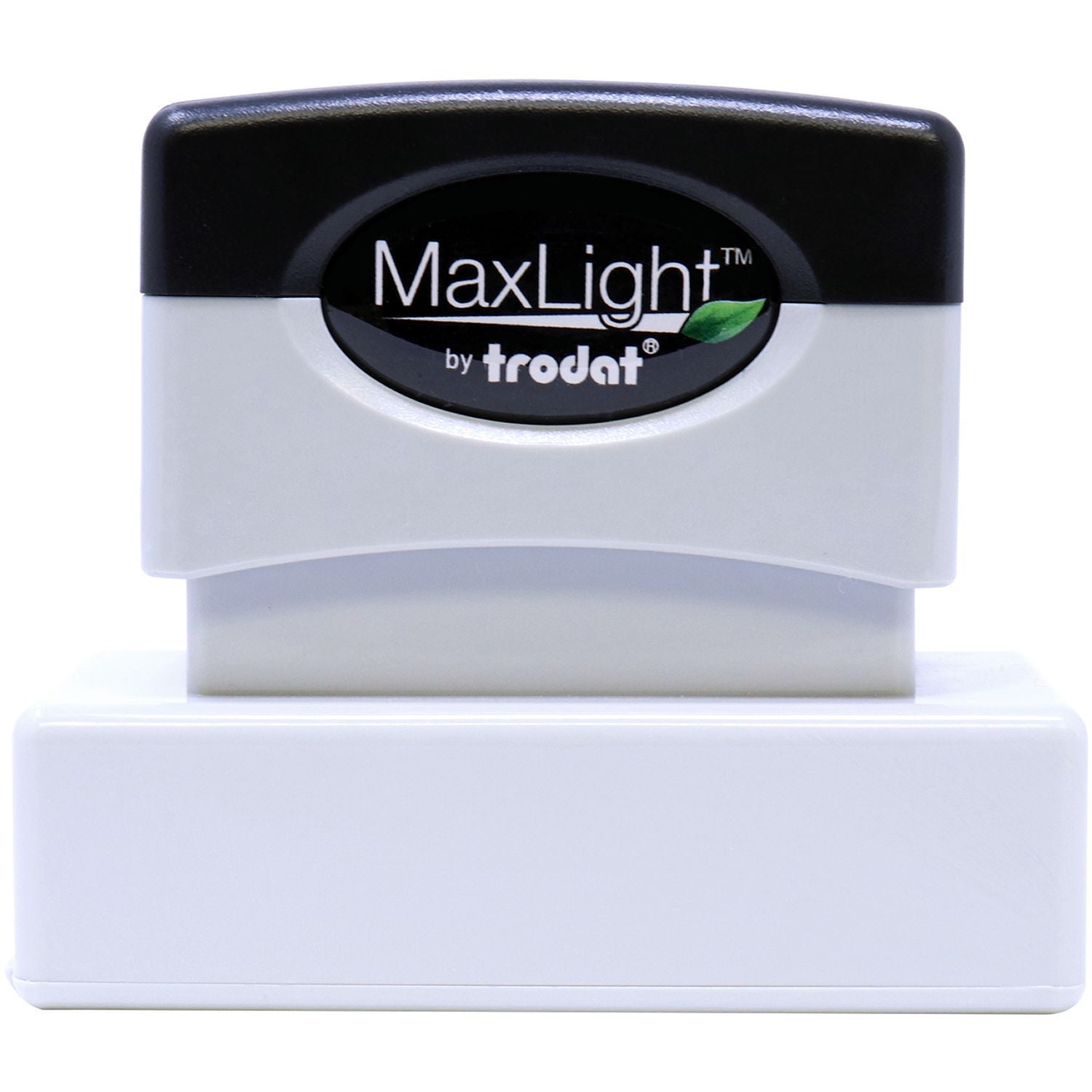 MaxLight by Trodat self-inking stamp base close-up showing brand label for office address and labeling use.