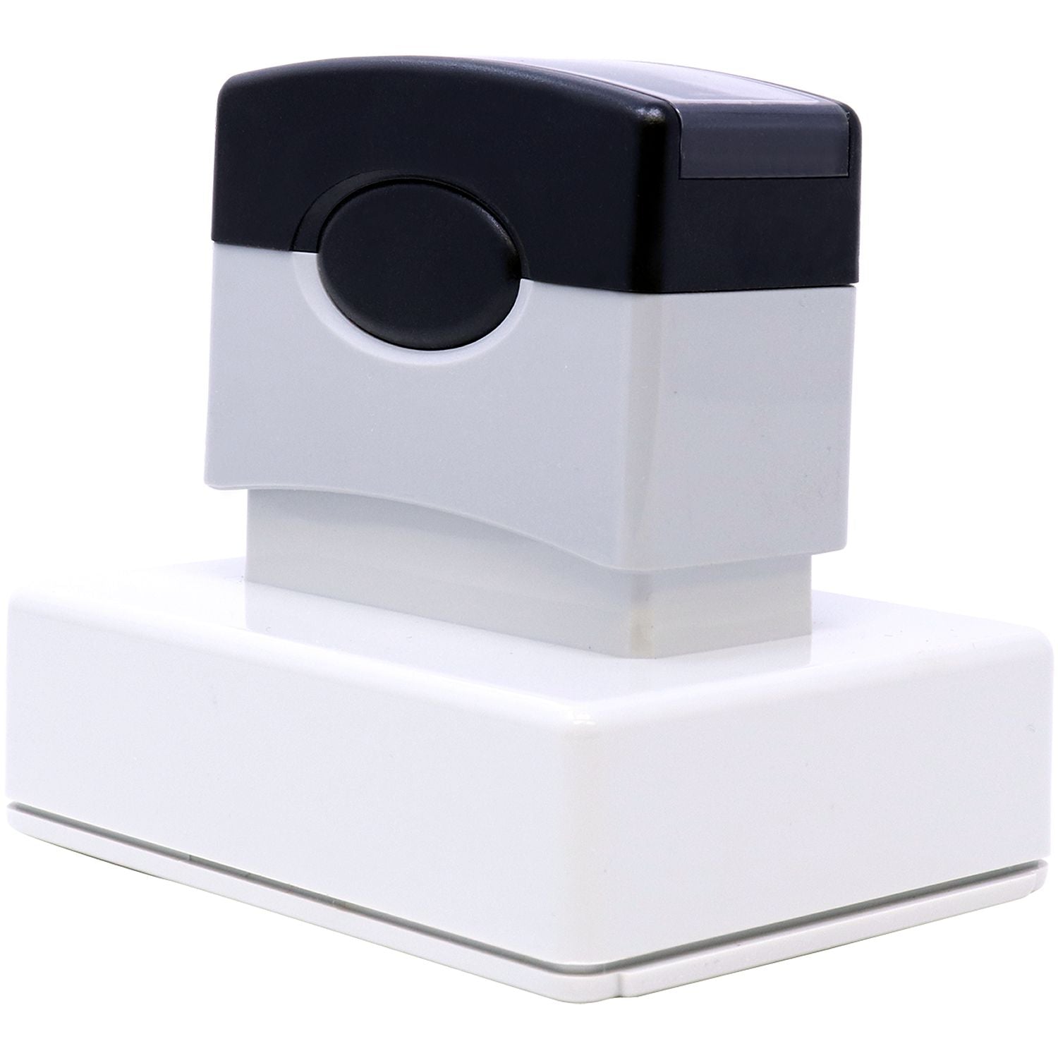 White and black self-inking rubber stamp on a clean background