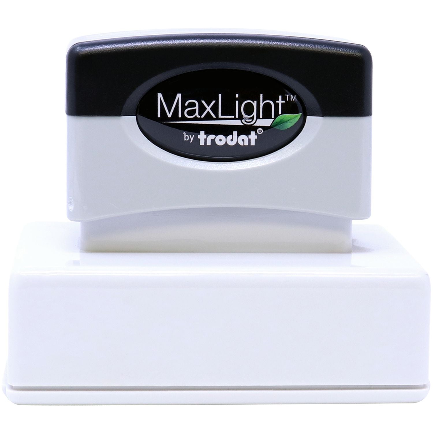 MaxLight by Trodat self-inking rubber stamp with black and white housing, isolated on white background