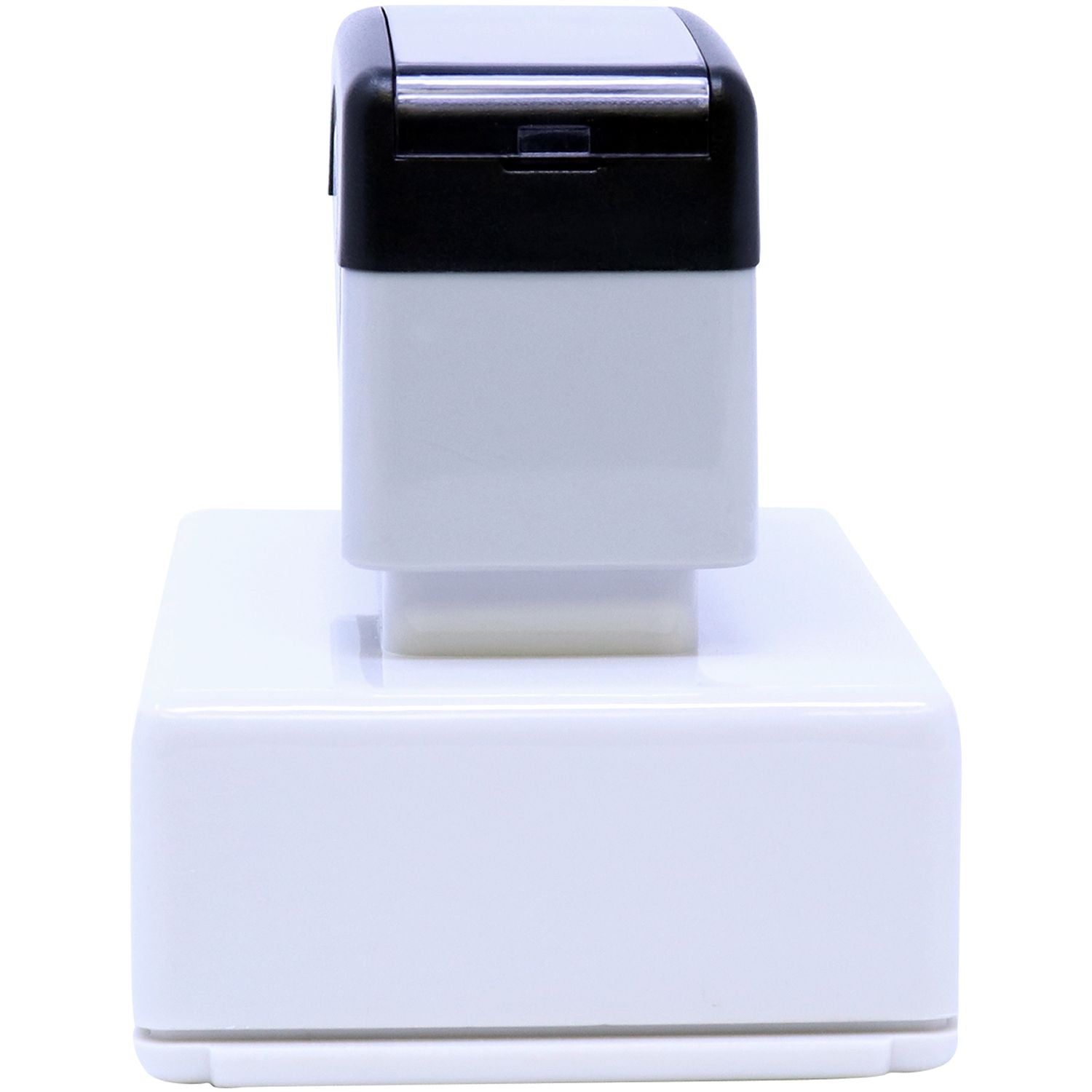 Compact self-inking office stamp with black and white plastic body on a white background