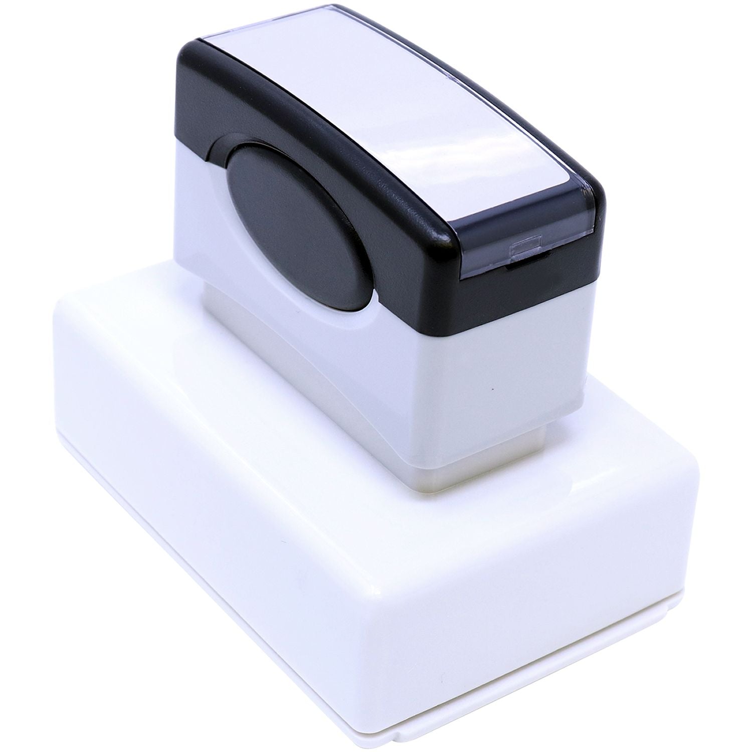 White and black self-inking office stamp in a compact plastic case on a white background