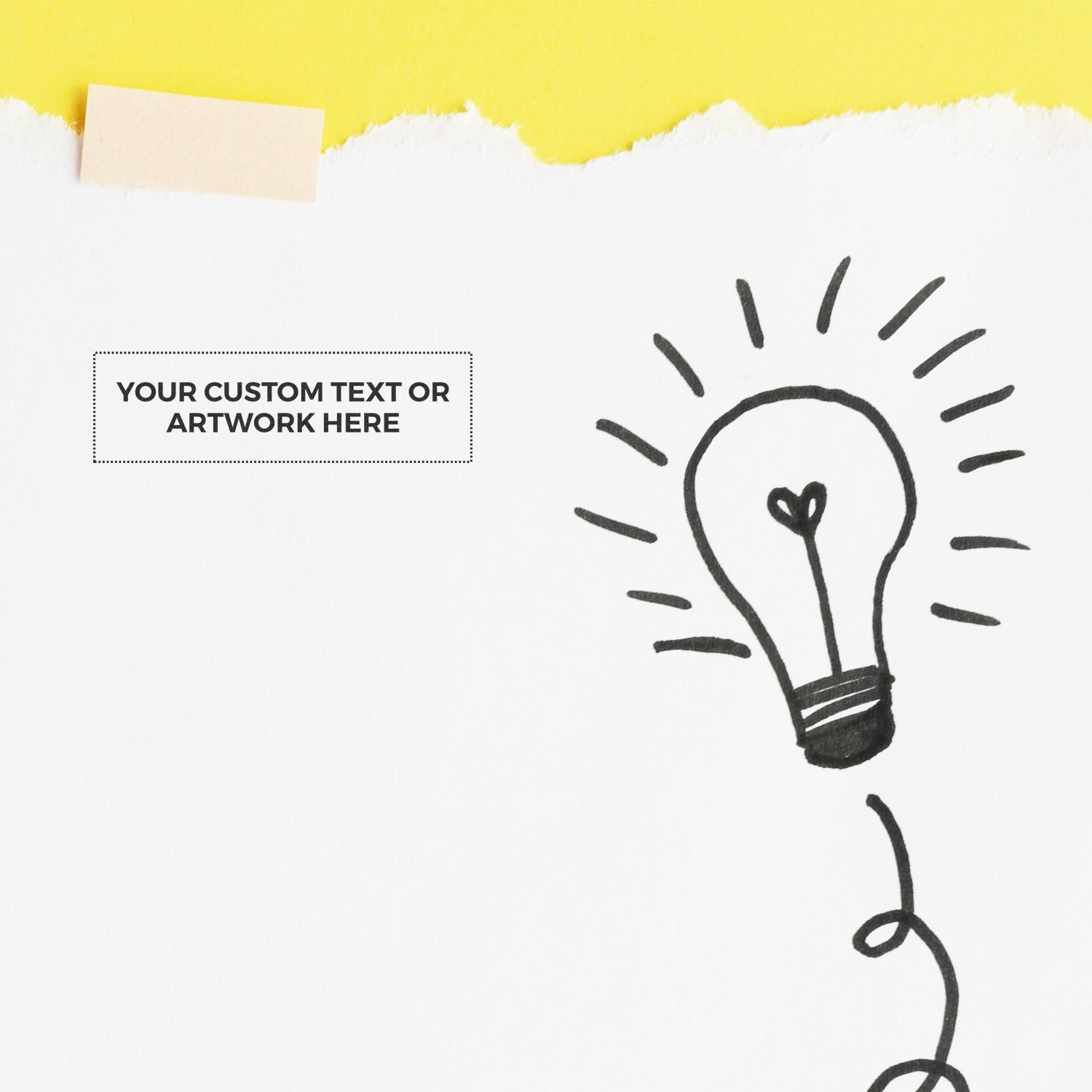 Custom text or artwork template with hand-drawn lightbulb idea illustration on white paper, creative concept for marketing and blogs