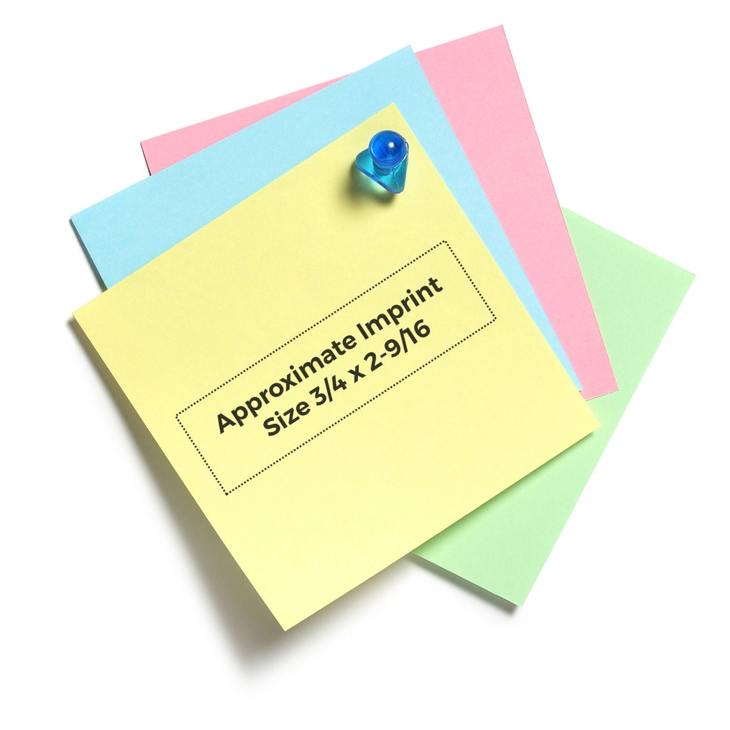 Color sticky notes pinned with pushpin showing approximate print size label 3/4 x 2-9/16 for printing.
