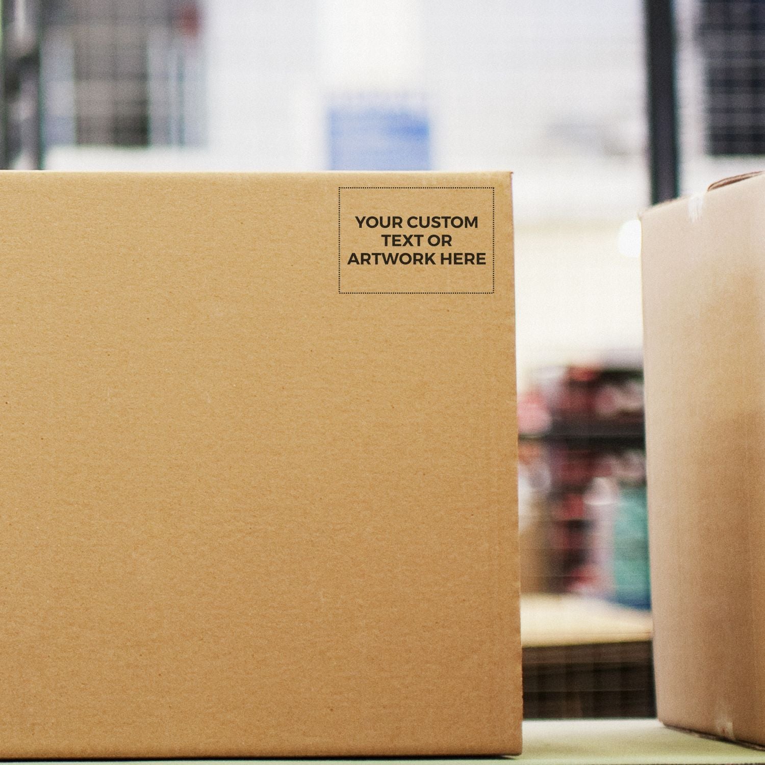Cardboard shipping boxes with custom label text on surface, ideal for eCommerce packaging and fulfillment storage in warehouse.