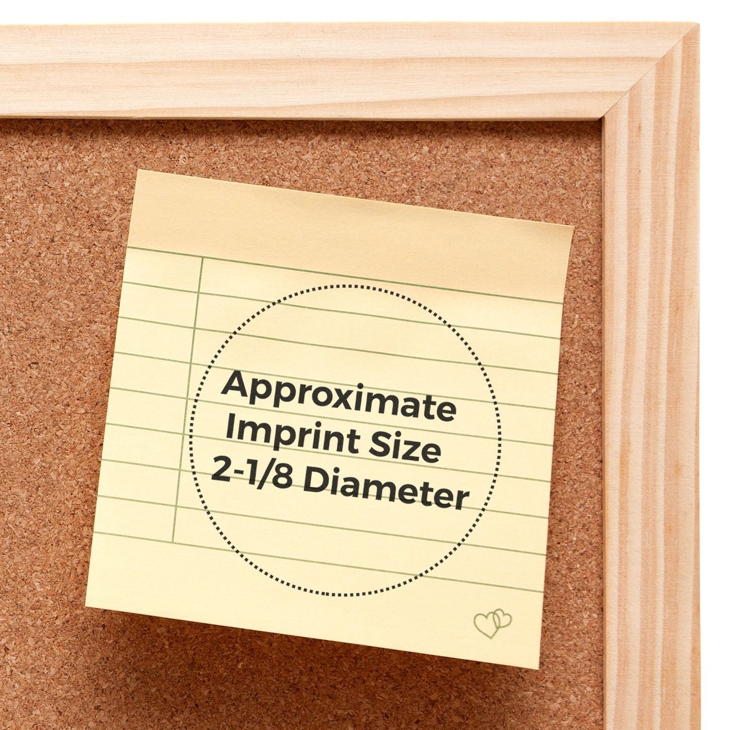 Card on corkboard showing approximate imprint size for stamp: 2-1/8 inch diameter.