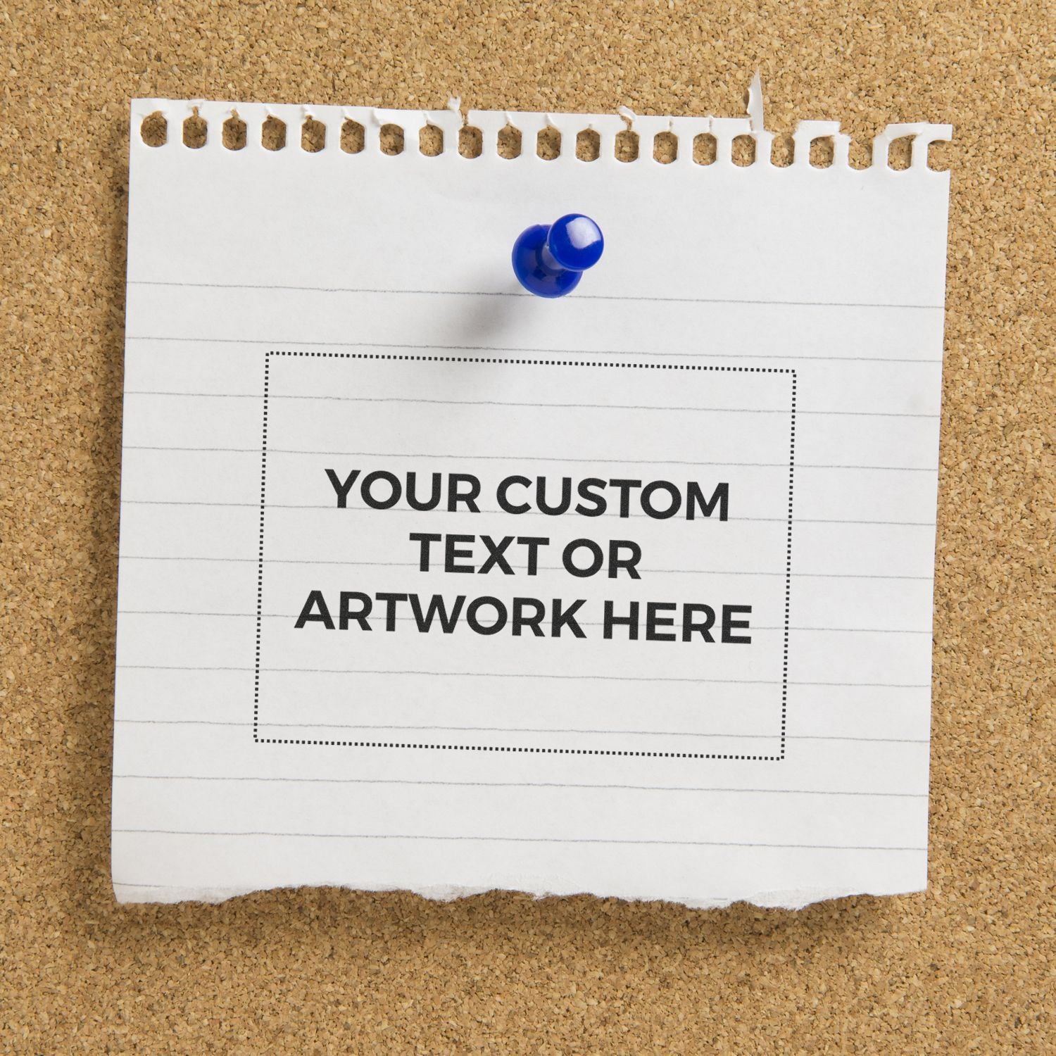 Corkboard pinned note with blue pushpin mockup for custom text or artwork placeholder in dashed box, printable design template