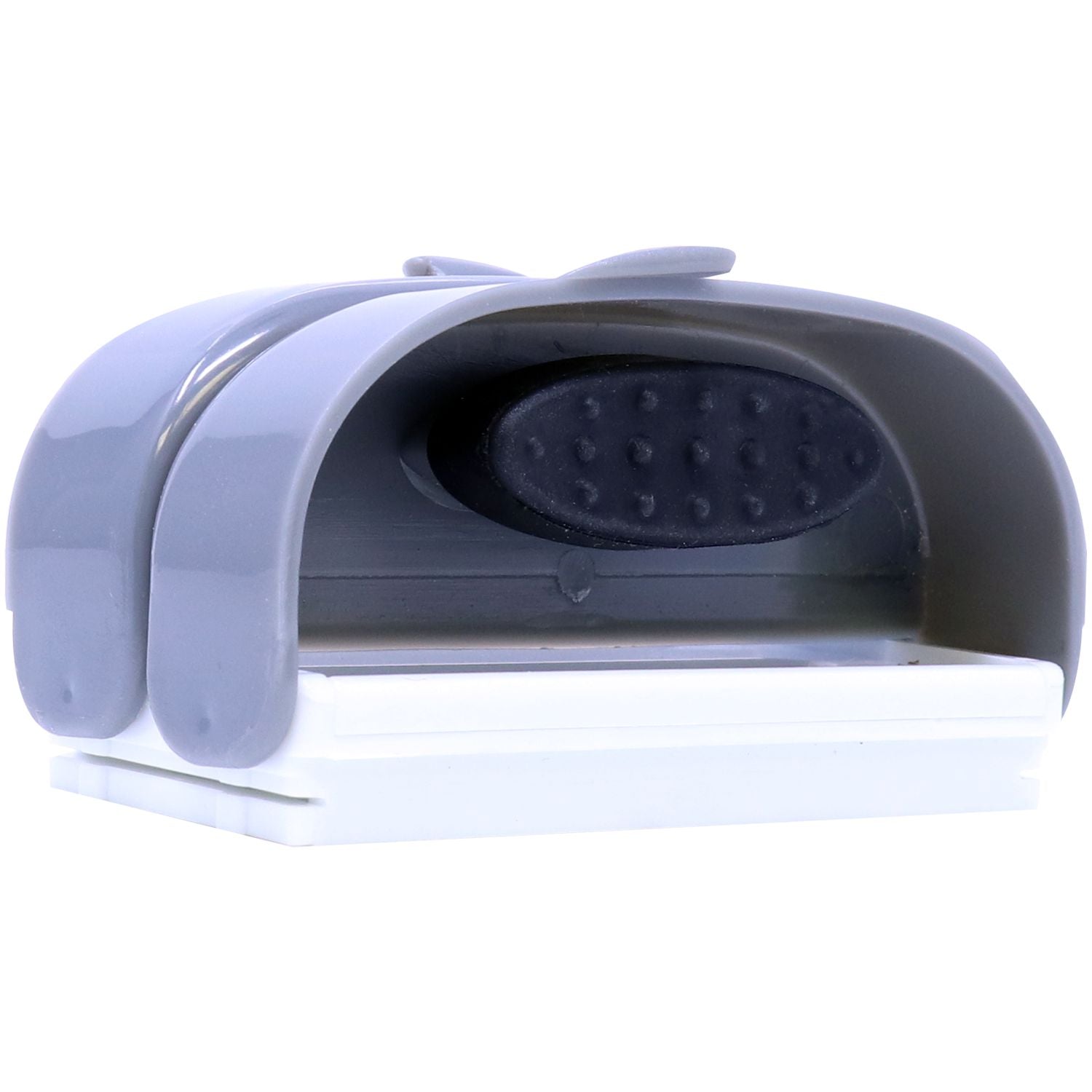 Close-up of handheld device ergonomic handle with textured grip pad for secure, comfortable use