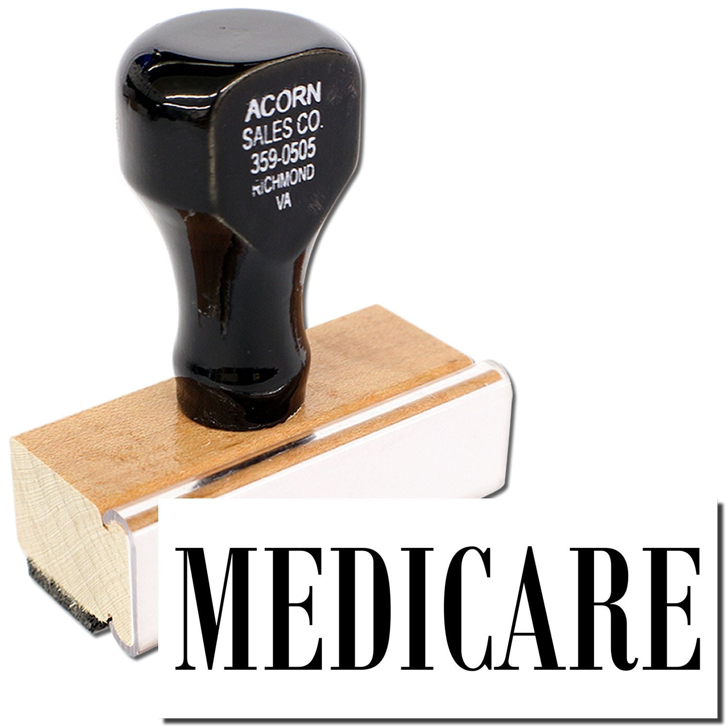 Acorn Sales Co. Medicare branding on black handle device mounted on wood block for medical equipment catalog image.