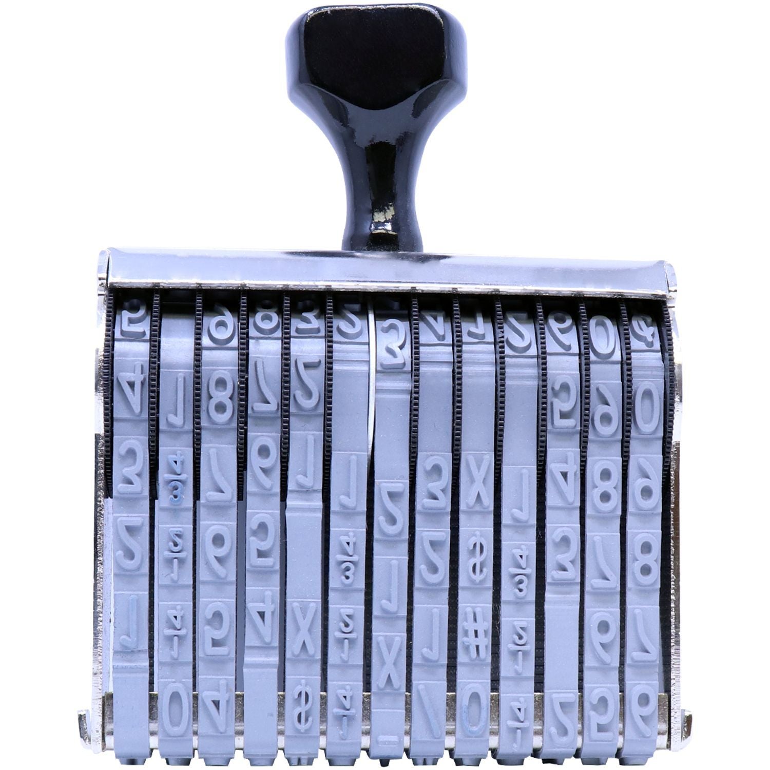 Close-up of a rotating number and letter date stamp with black handle, isolated on white background.
