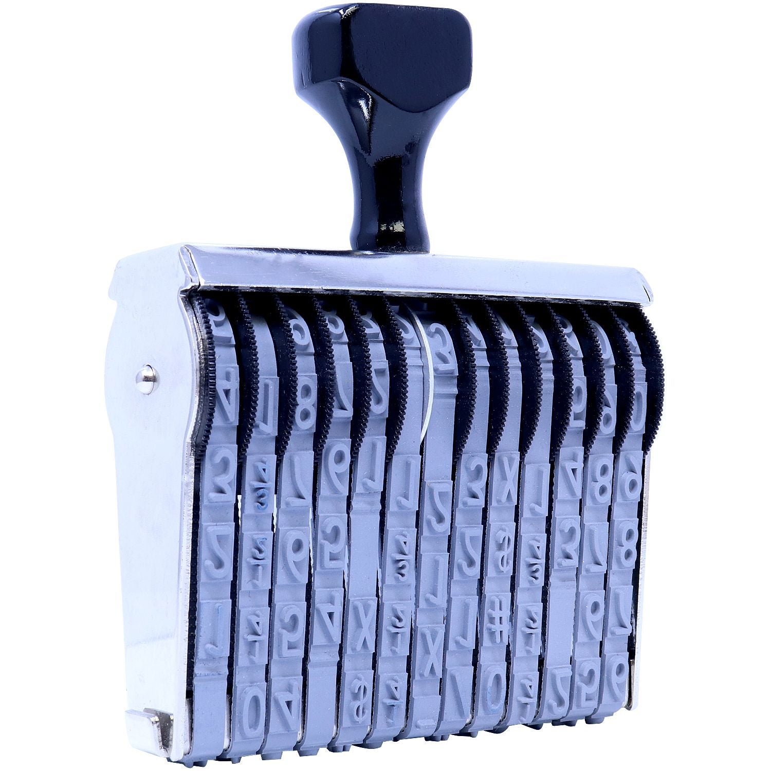 Close-up of a rotating self-inking number stamp with adjustable number wheels on a white background.