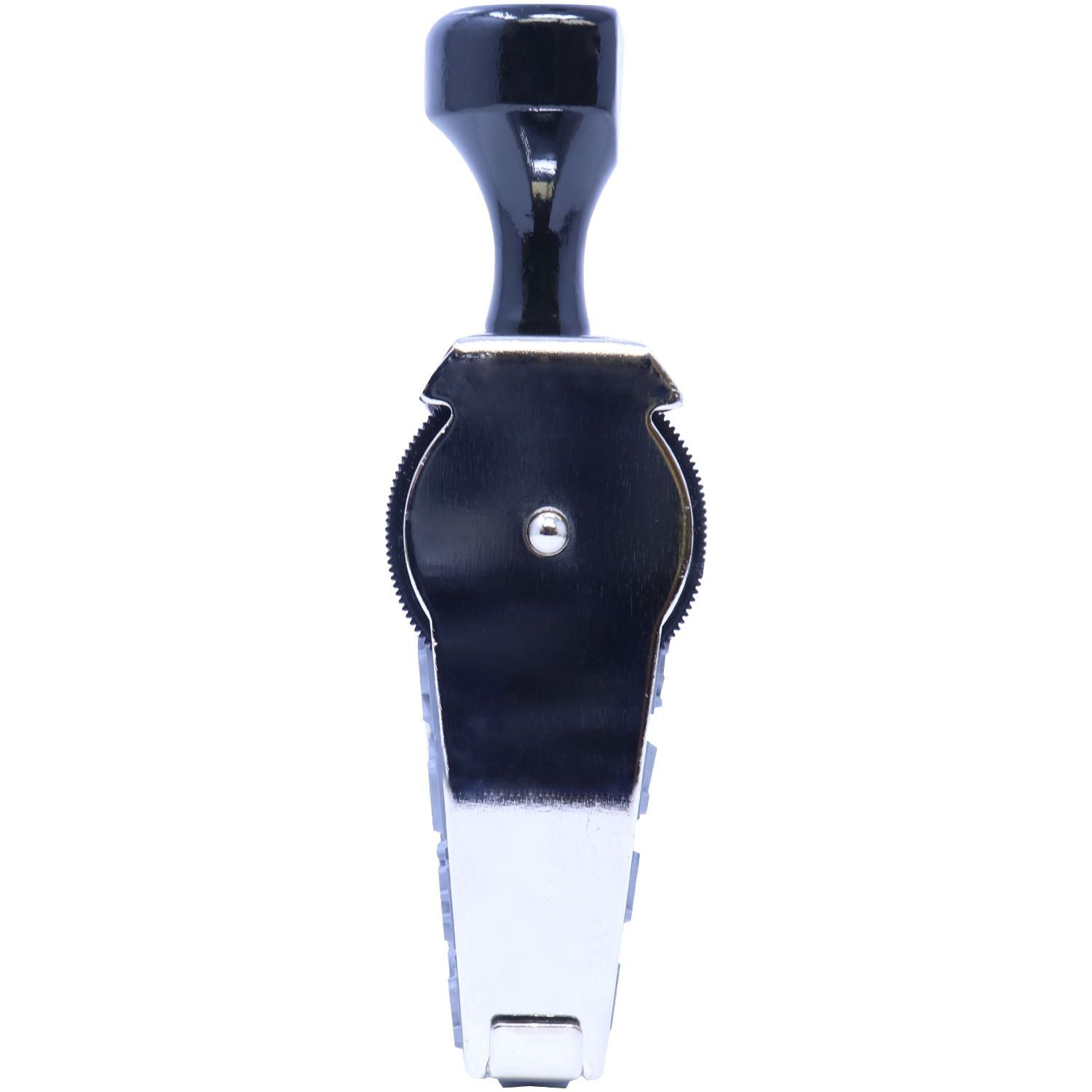 Black and silver metal handheld opener isolated on white background.