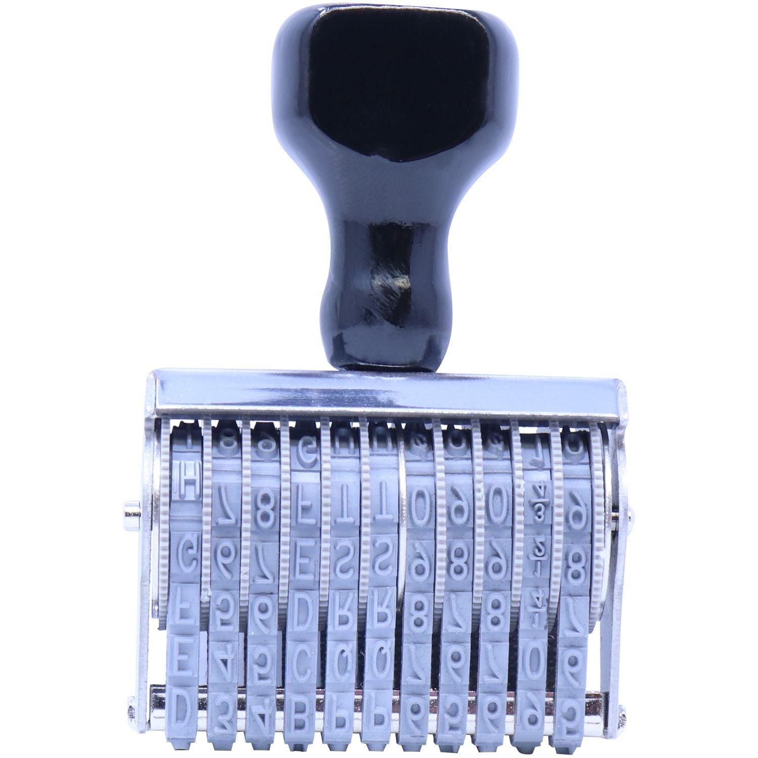 Close-up of a rotating number date stamp with black handle and metal frame on a white background.