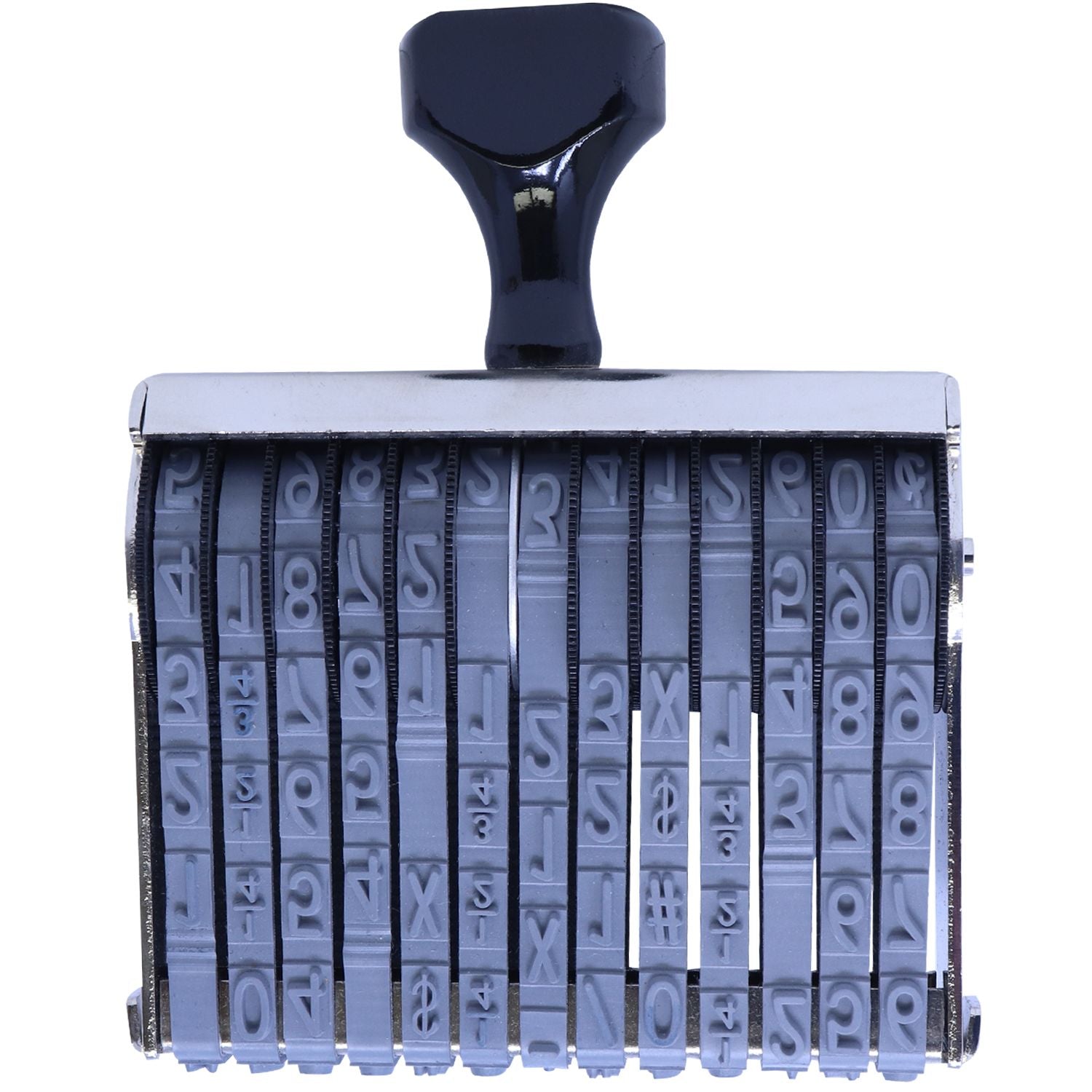 Manual metal rotary number stamp machine with adjustable number wheels, isolated on white background.