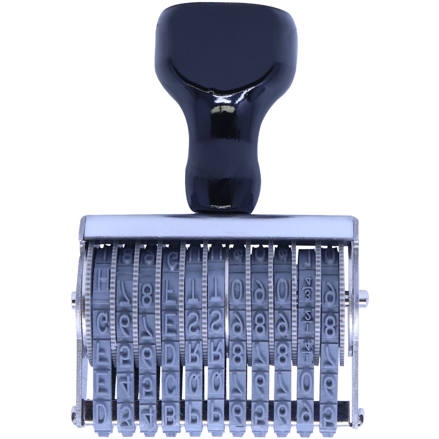 Black self-inking date stamp with rotating number wheels and rubber handle on white background