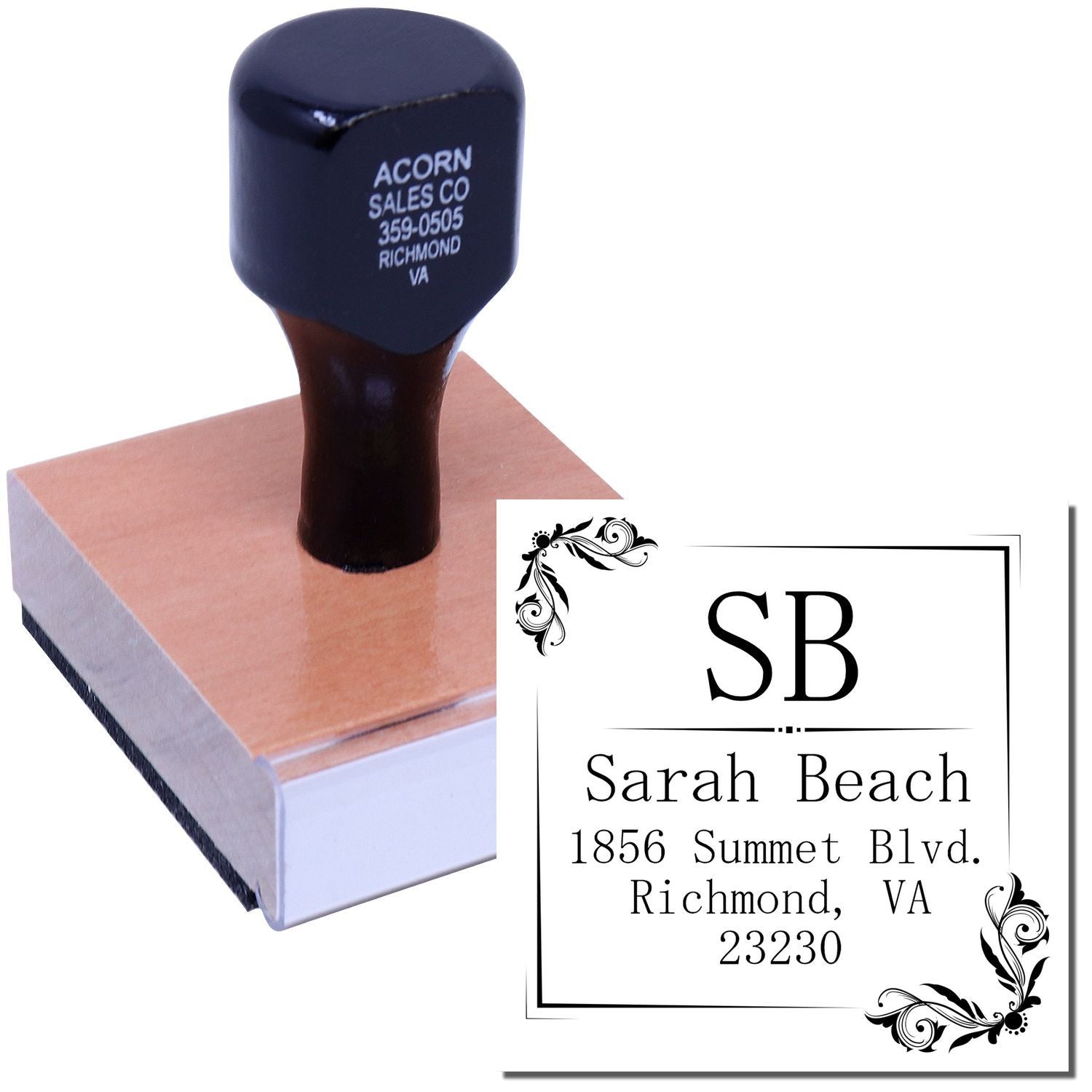Custom wood handle address rubber stamp with monogram and personalized Richmond VA return address for wedding or business mailings