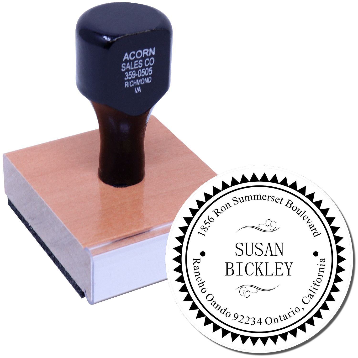 Custom rubber stamp with wood handle and round address stamp design for business branding, mailing, and return addresses.