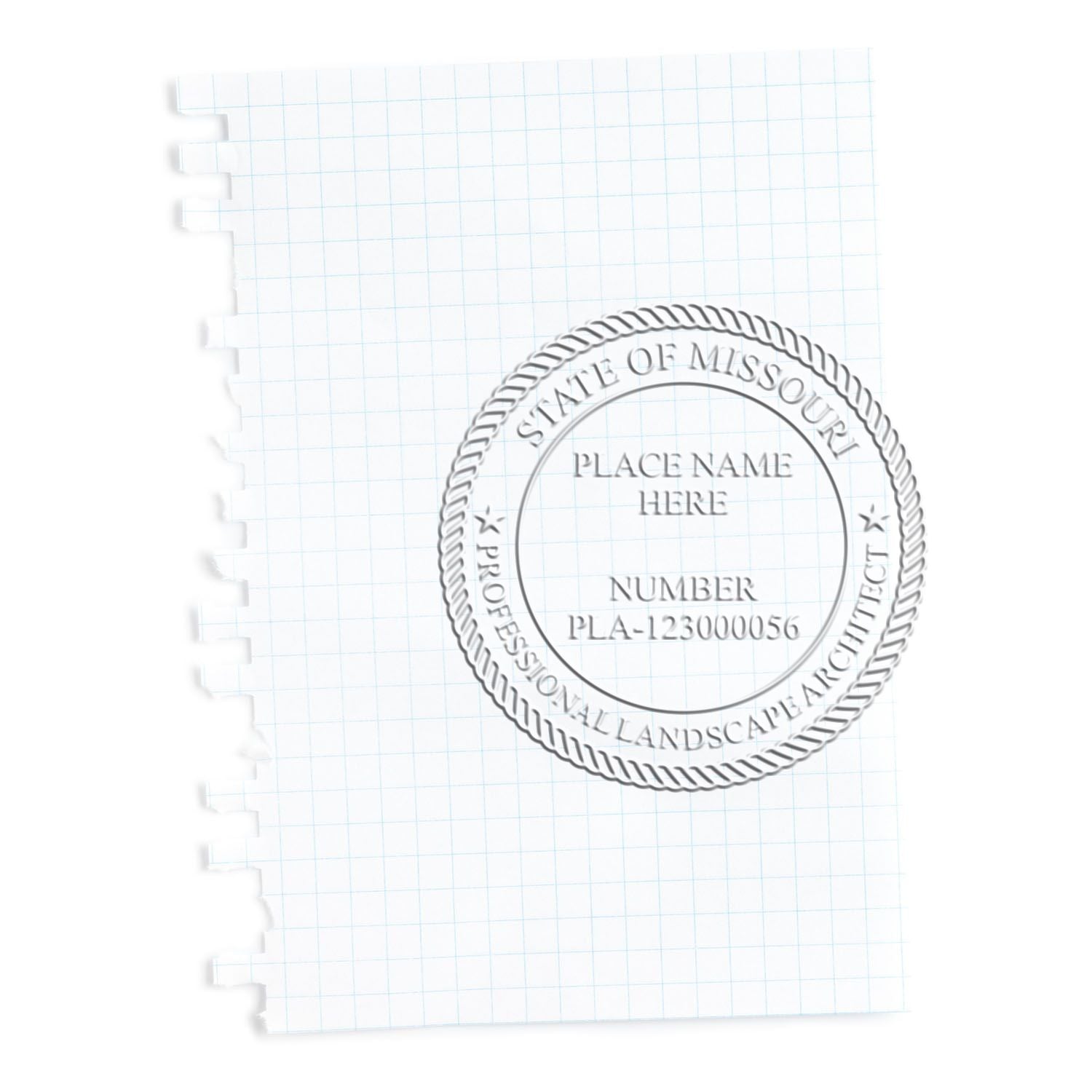 Blank graph paper notebook page with Missouri professional landscape architect seal and placeholder text.