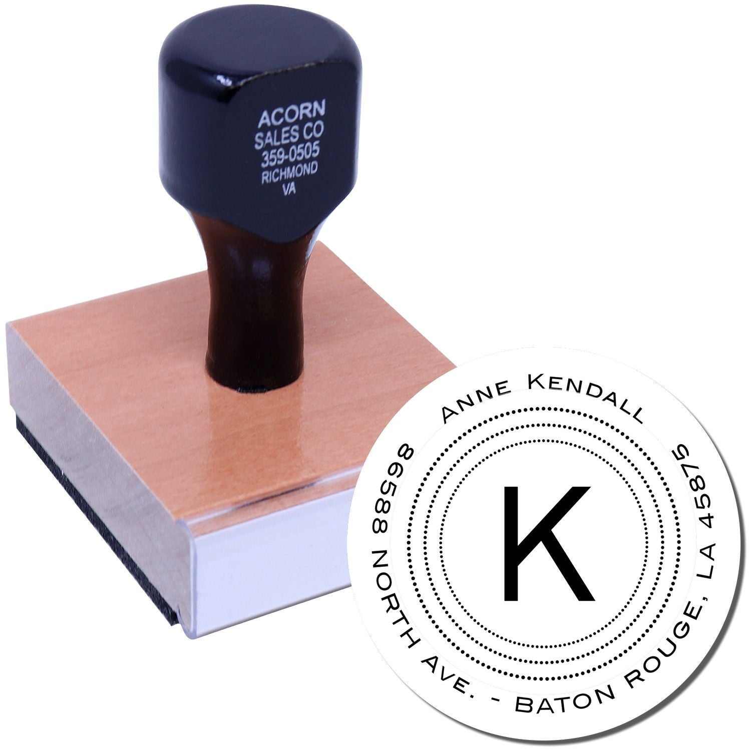 Custom rubber address stamp with monogram K for personalized mailing, business branding, and return address use.