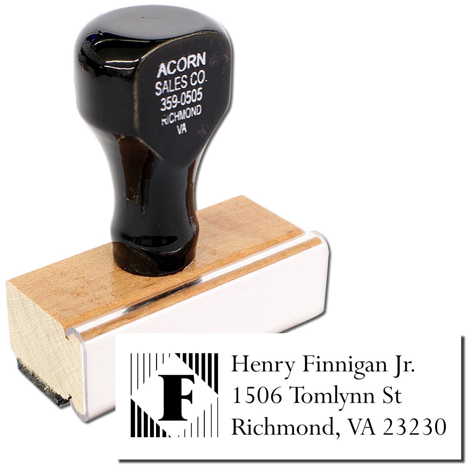 Personalized return address rubber stamp with monogram F for Henry Finnigan Jr., Richmond, VA.