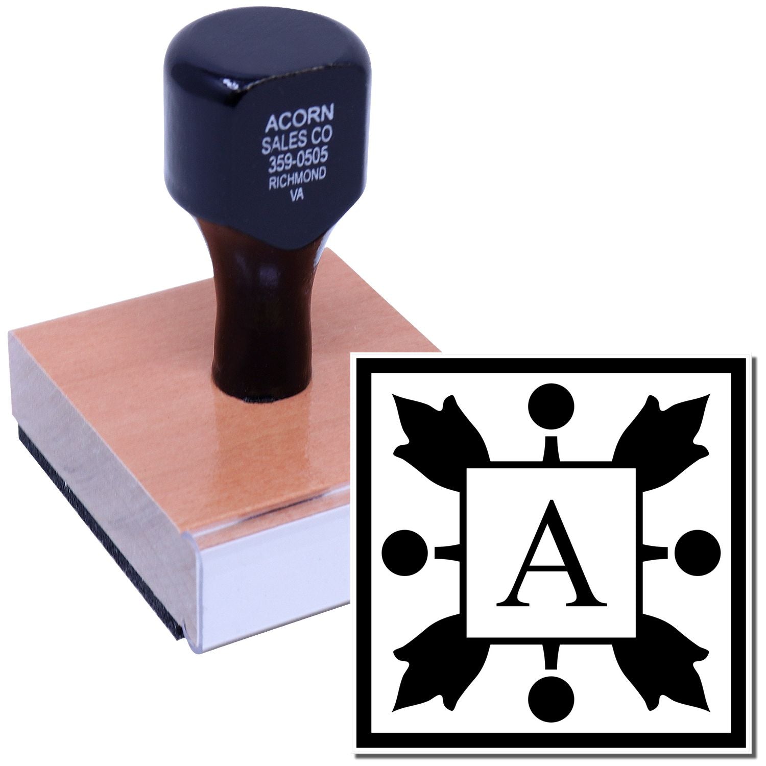Custom wood-mounted rubber stamp with monogram logo for business branding, envelopes, and office use.