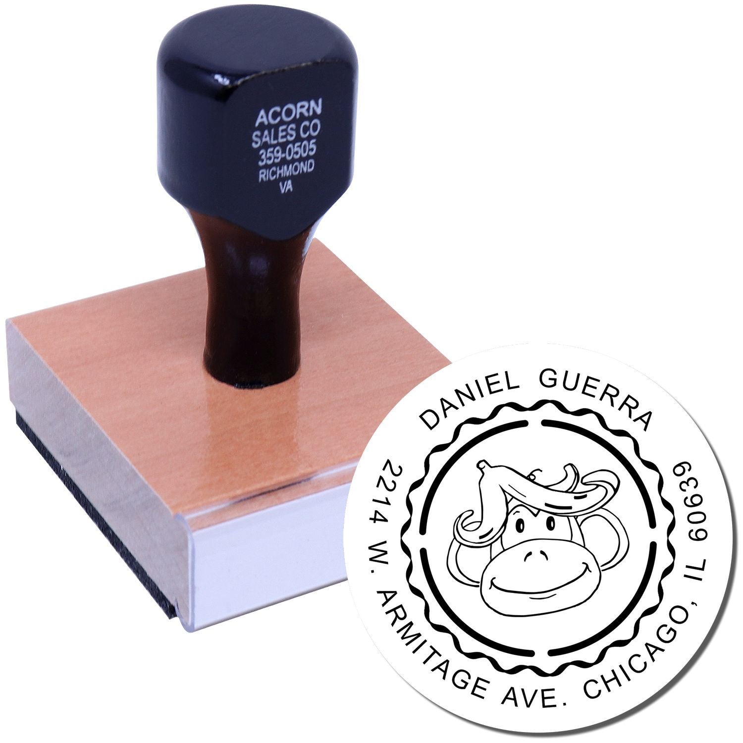 Custom rubber stamp with logo and address, shown with self-inking stamp and circular business seal design.